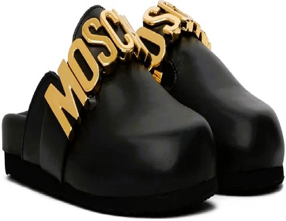 Moschino MOSCHINO SCARPAU.BIRKY VITTELLO NERO, Herren Leder Mule Sandalen Mules aus echtem Leder, Gold Farben Logo