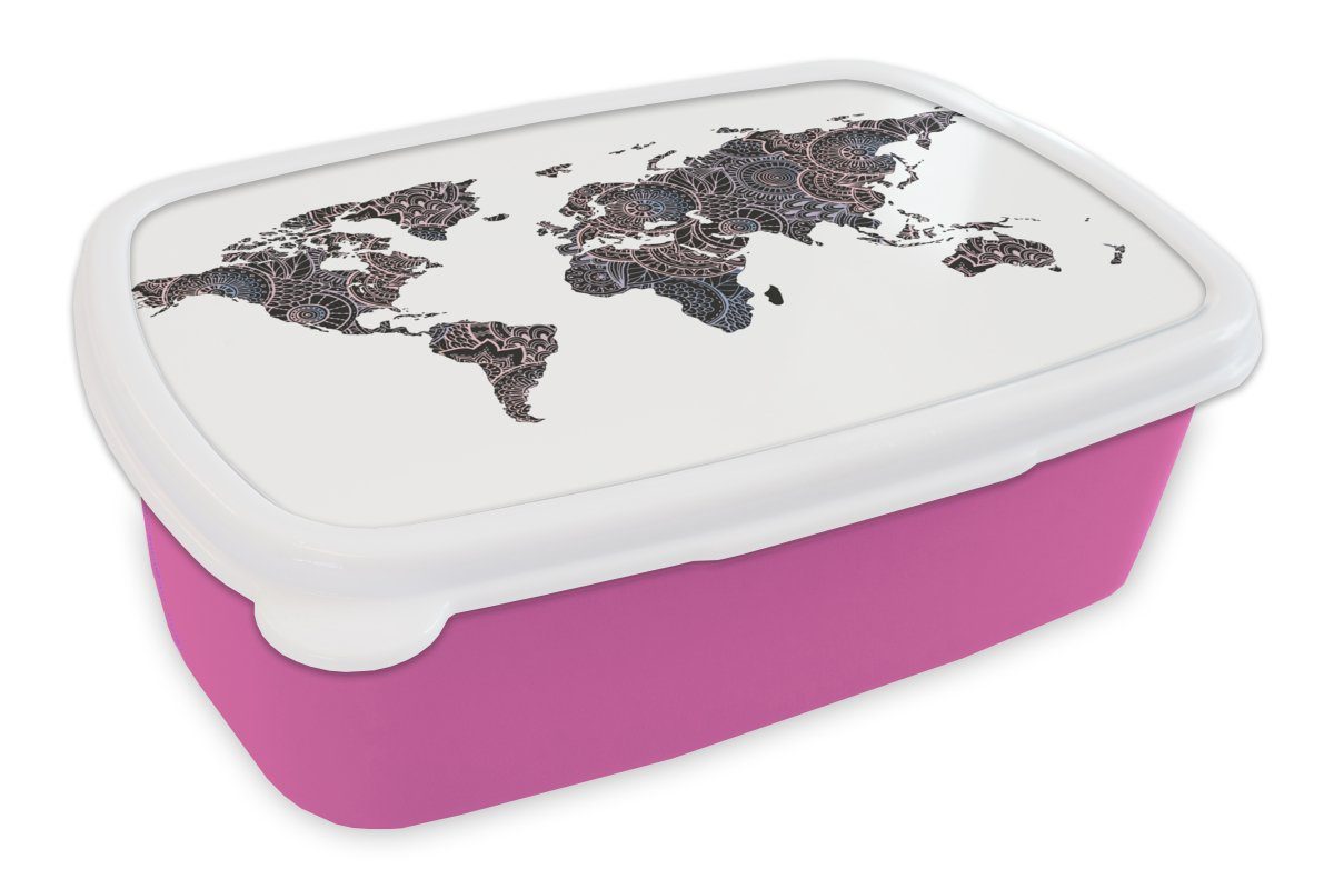MuchoWow Lunchbox Weltkarte - Schwarz - Mandela - Kind - Junge - Mädchen, Kunststoff, (2-tlg), Brotbox für Erwachsene, Brotdose Kinder, Snackbox, Mädchen, Kunststoff rosa