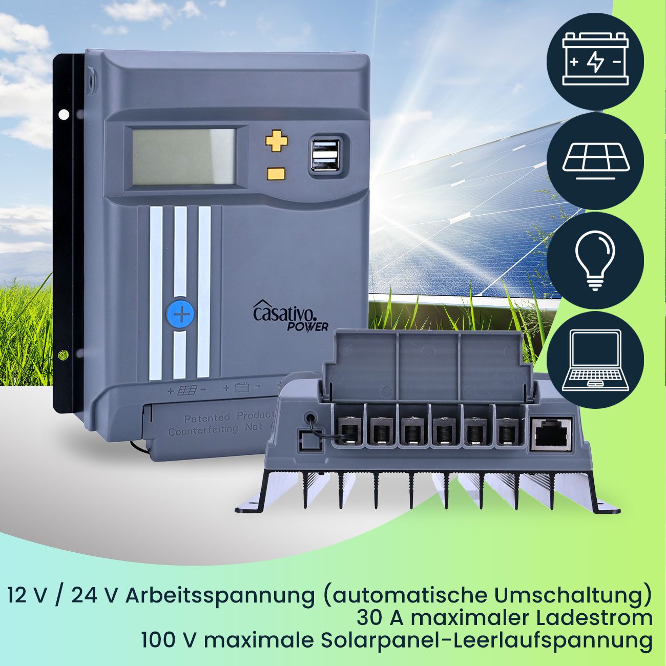 Casativo Solarladeregler MPPT Solar-Laderegler 30A für 12V/24V Solarladegerät LCD-Display, Schonendes Laden, konstanter Ladestrom, 2 USB-Ports, bis 90 % LF