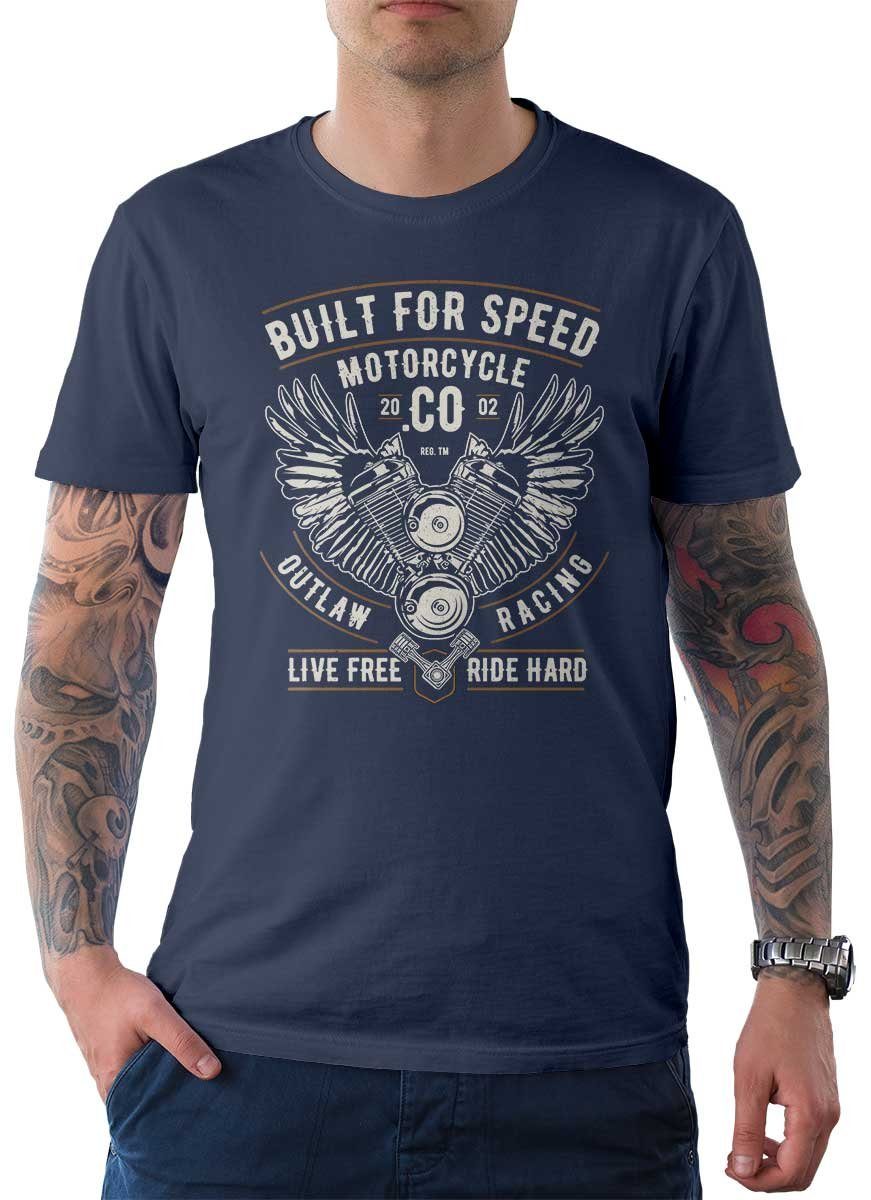 Rebel On Wheels T-Shirt Herren T-Shirt Tee Built For Speed mit Biker / Motorrad Motiv Denim