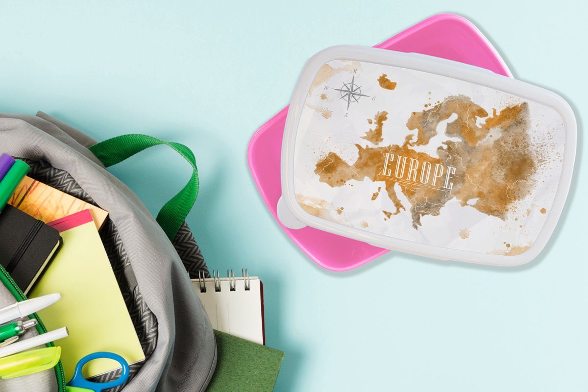 Kinder, rosa Farbe, Kunststoff Lunchbox MuchoWow - Mädchen, Brotdose Snackbox, Europa (2-tlg), Erwachsene, Brotbox - für Weltkarte Kunststoff,