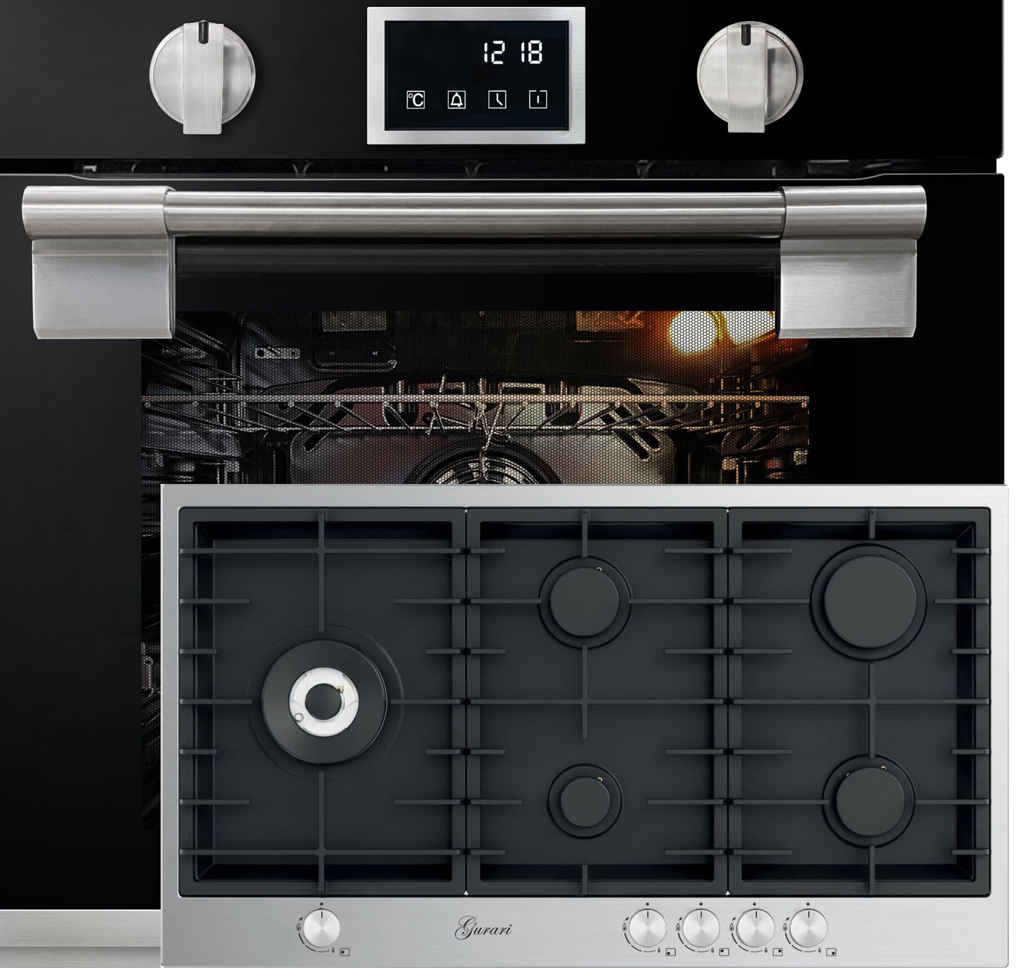 Kaiser Küchengeräte Backofen-Set Herd Set Autark Einbau Backofen 79L, SOFTCLOSE-System, 11 Fkt. Temperatursonde+Gas-Kochfeld 90 cm, Edelstahl- Schwarz Emaliert EH 6338 s+TY 905 VPGC, mit 1-fach-Teleskopauszug