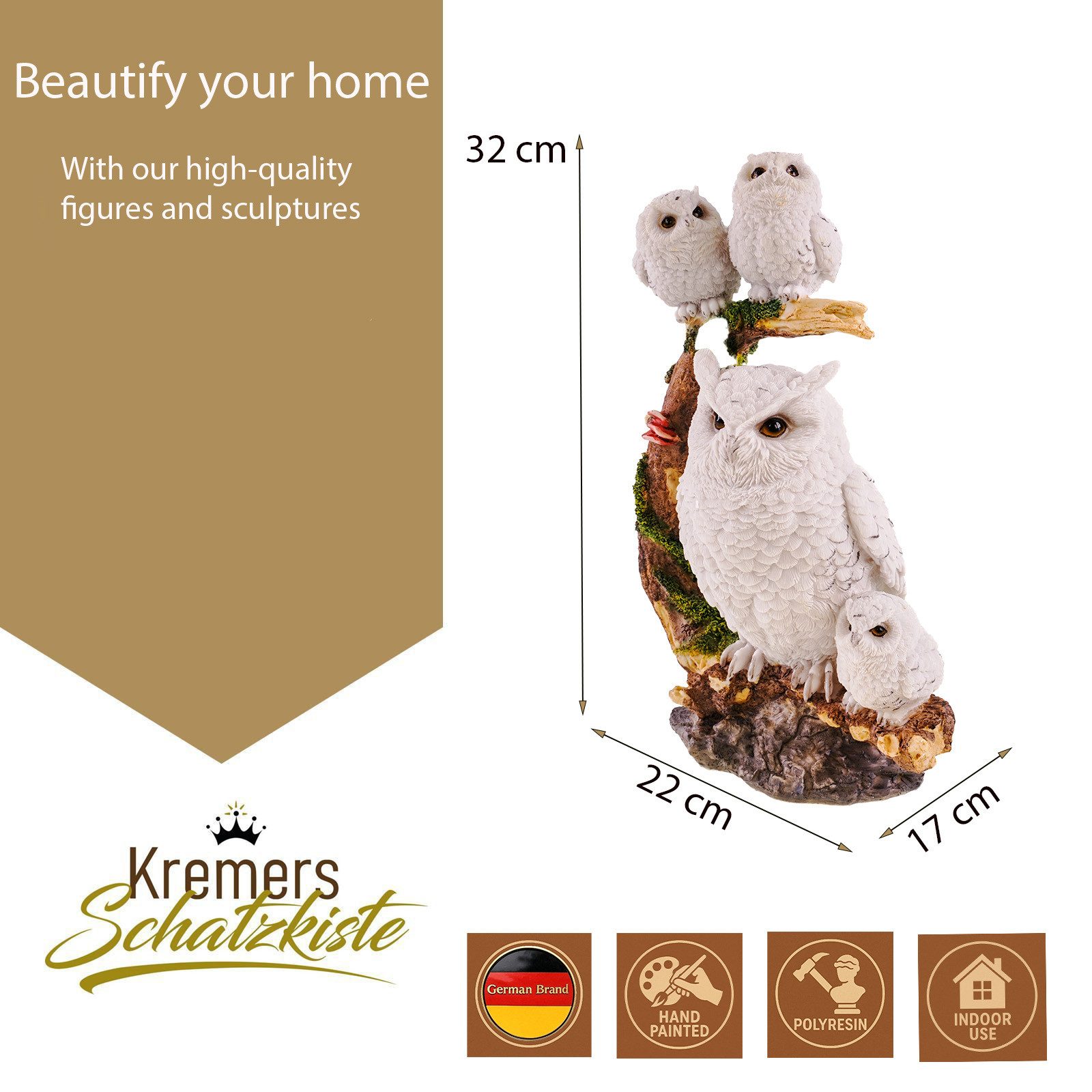 Kremers Schatzkiste Dekofigur Eulen Figur mit Babys Handbemalte Polyresin Deko 32x22x17cm weiß