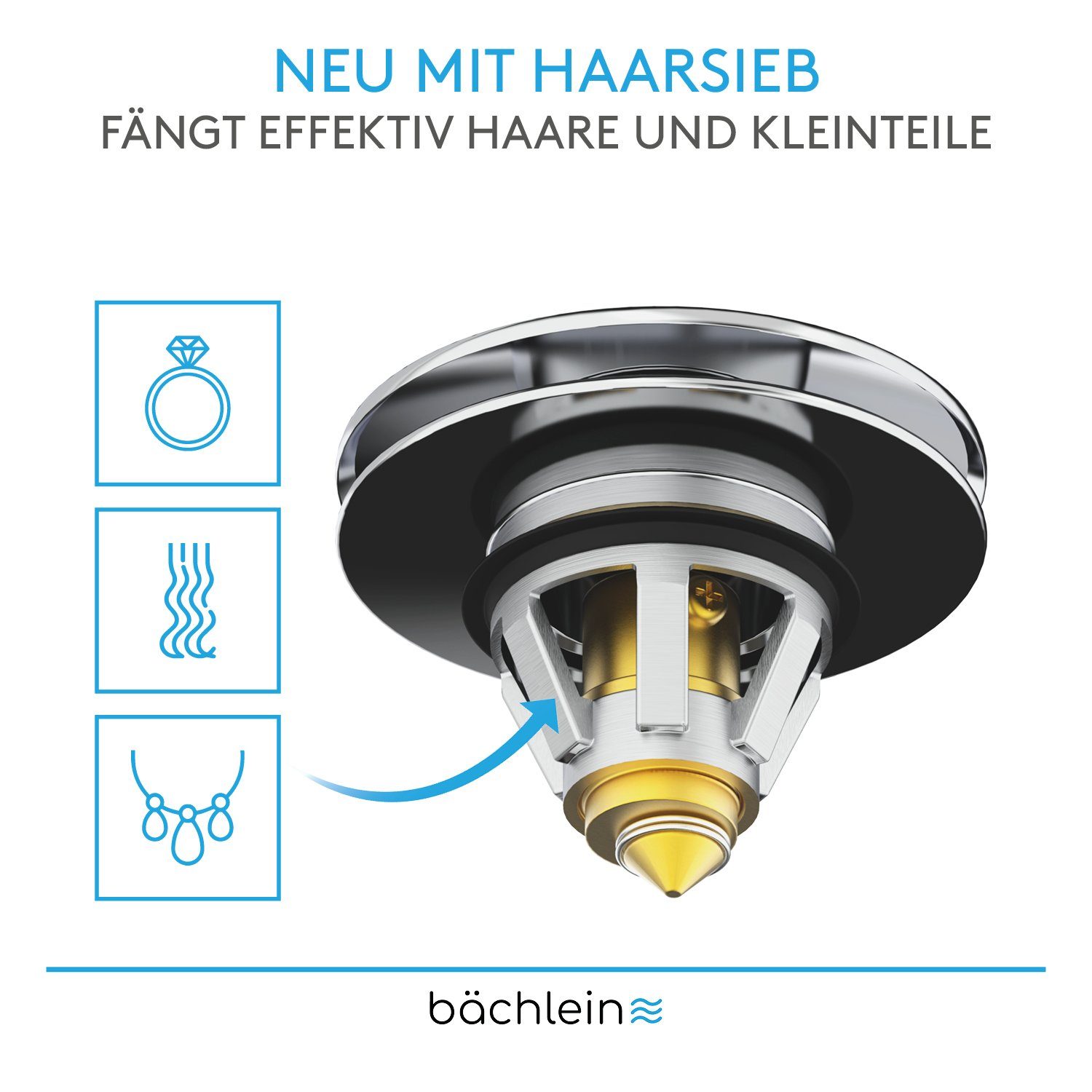Bächlein Waschbeckenstöpsel Pop-Up Waschbeckenstopfen, (Chrom), Stöpsel mit integriertem Haarsieb für Abläufe Ø 40 mm – Bild 5 von 5