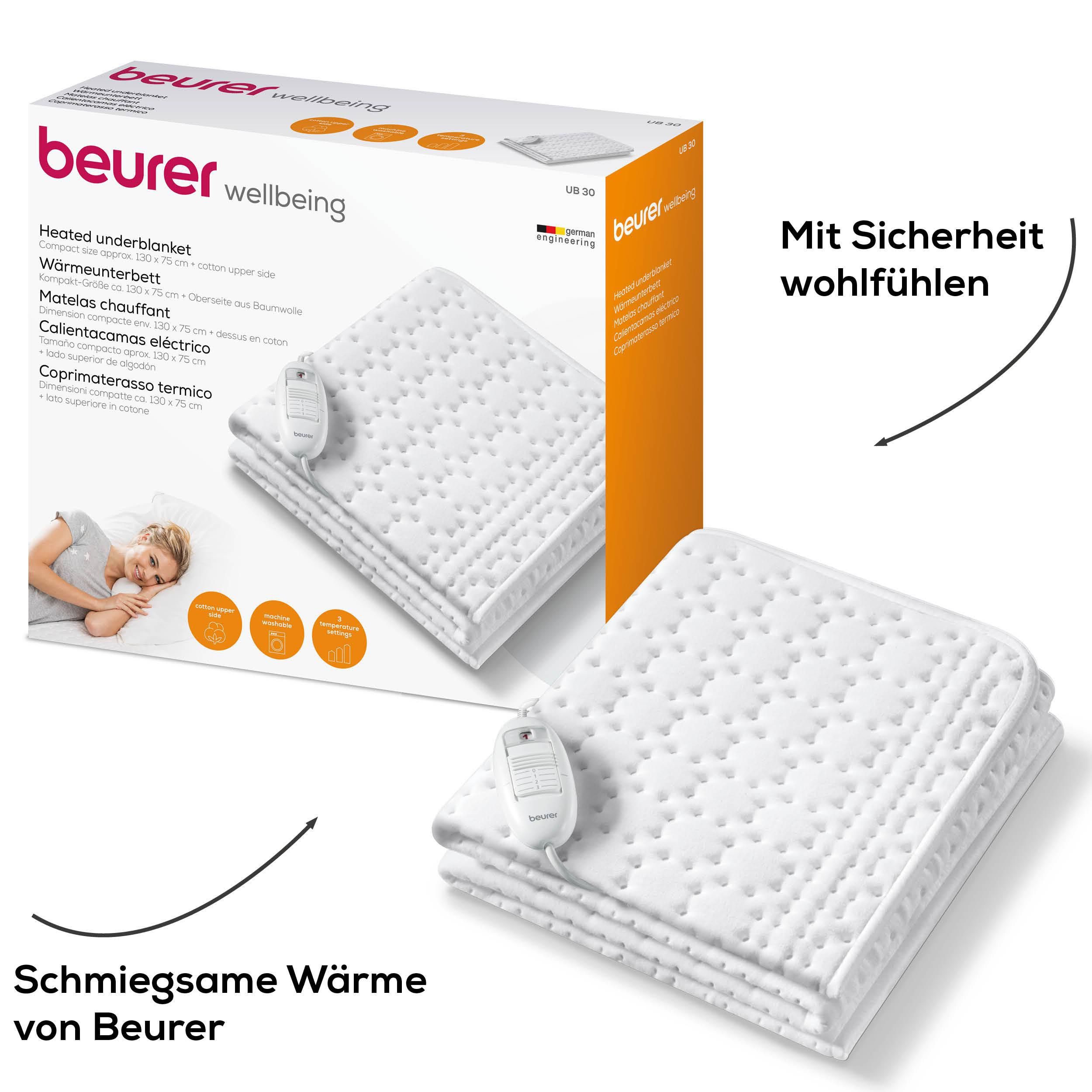 BEURER Wärmeunterbett UB 30, mit Baumwoll-Oberseite für ein kuschelig vorgewärmtes Bett, 3 Temperaturstufen, maschinenwaschbar, atmungsaktiv
