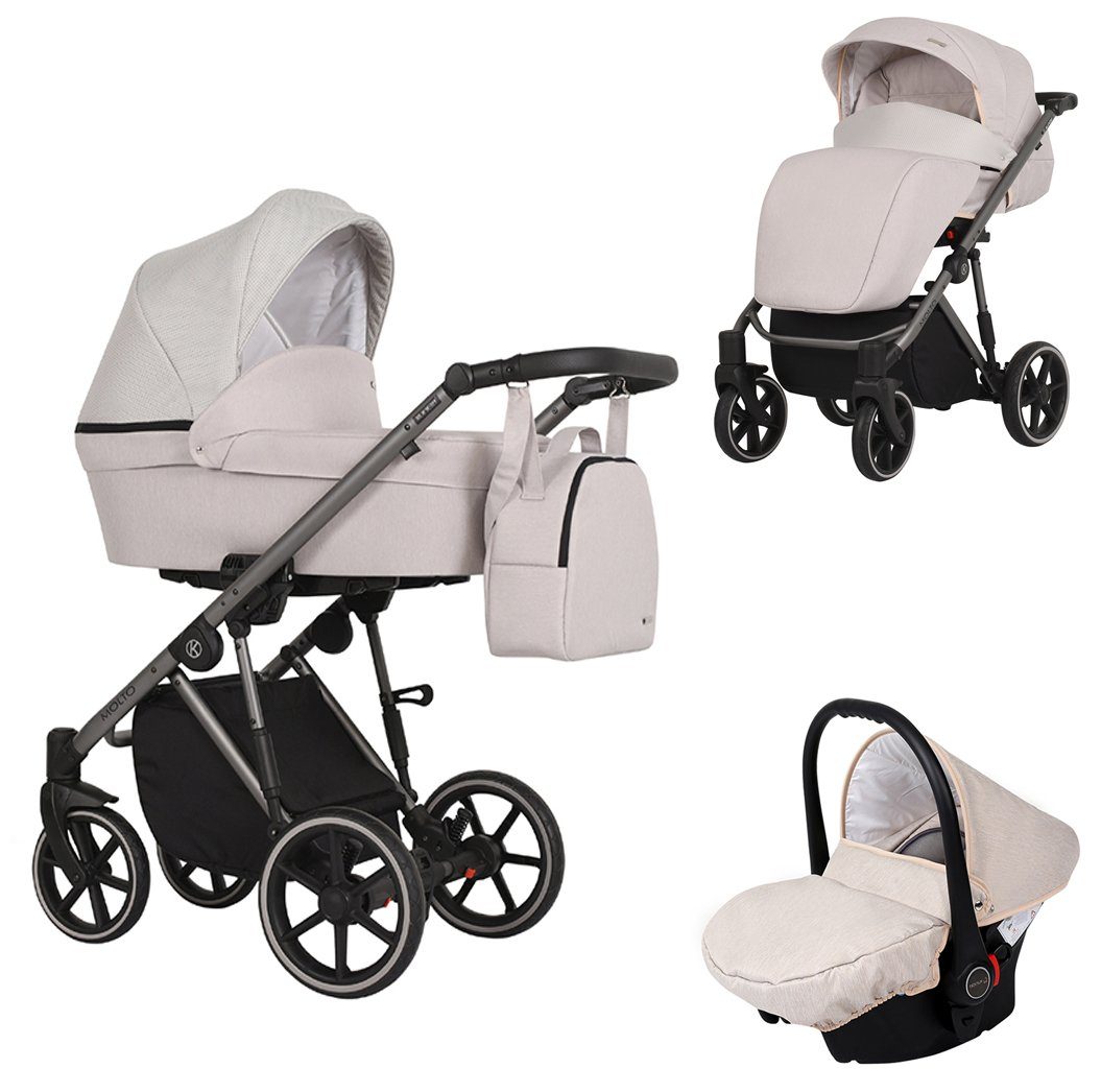 babies-on-wheels Kombi-Kinderwagen Molto 3 in 1 inkl. Autositz - 13 Teile - von Geburt bis 4 Jahre Creme = graues Gestell