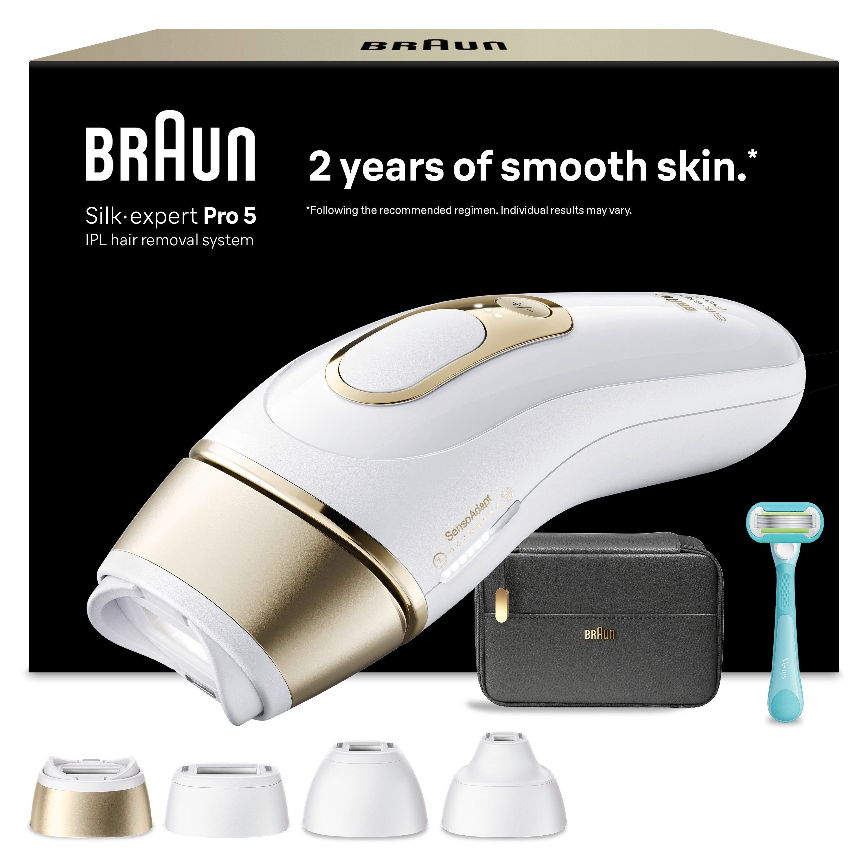 Braun IPL-Haarentferner Silk·expert Pro 5 PL5431 (Modell 2026) PL5262 (Modell 2025), pro Minute bis zu 125 Lichtimpulse, 3 Aufsätze, Aufbewahrungstasche, Venus Rasierer