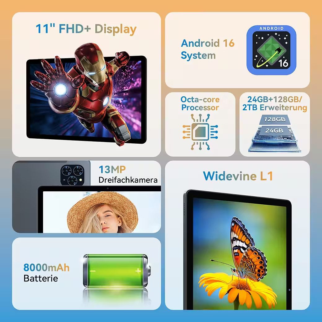 Zenva T90 11'' Android 16 8000mAh Tablet 24GB+128GB mit Zubehör Tablet (11", 128 GB, Android16, Android 16, 8000mAh, Gemini AI, mit Tastatur/Hülle/Maus)