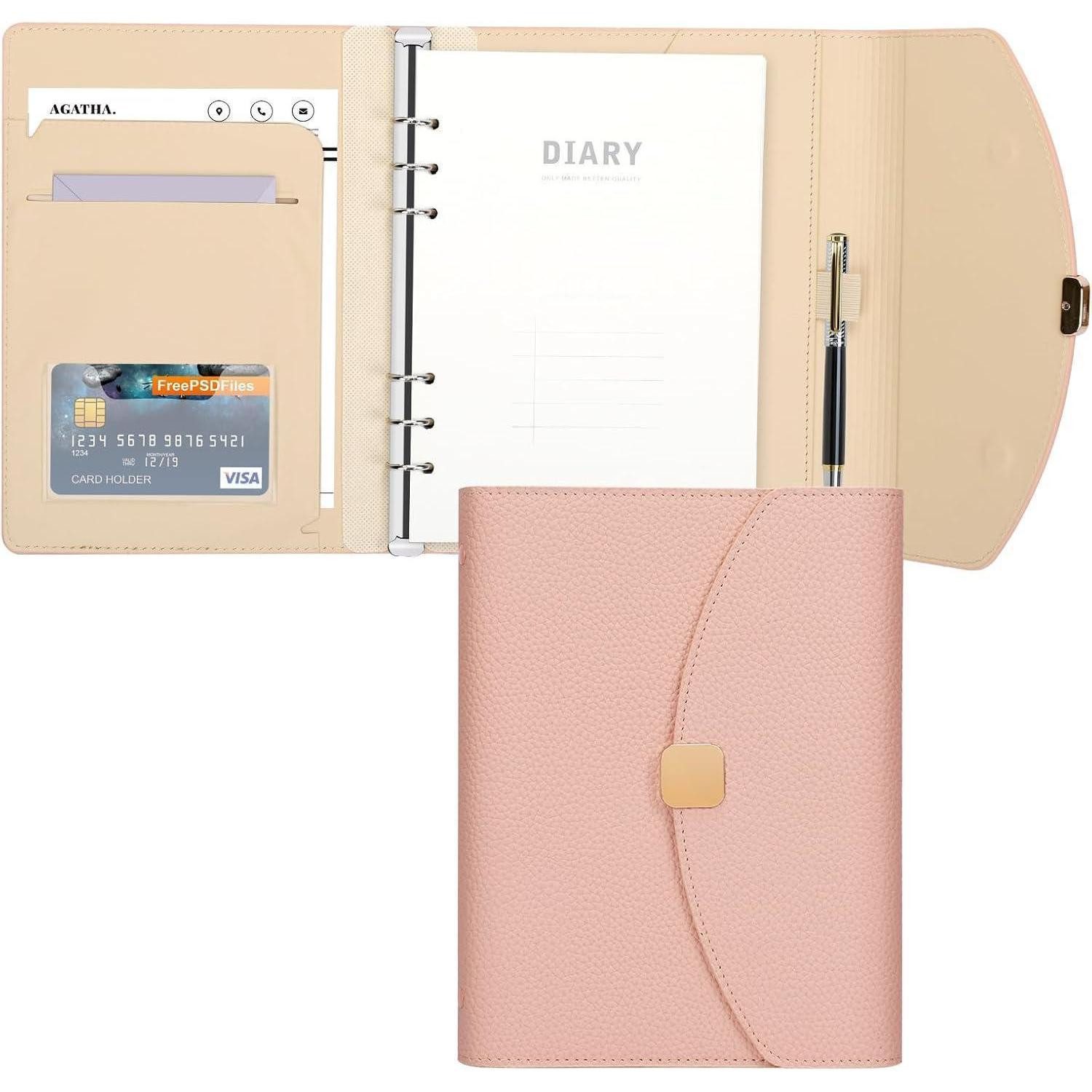 LuxusKollektion Notizbuch A5 Binder Notizbuch mit 6 Ringen, Rosa 100 Blätter in Lederoptik