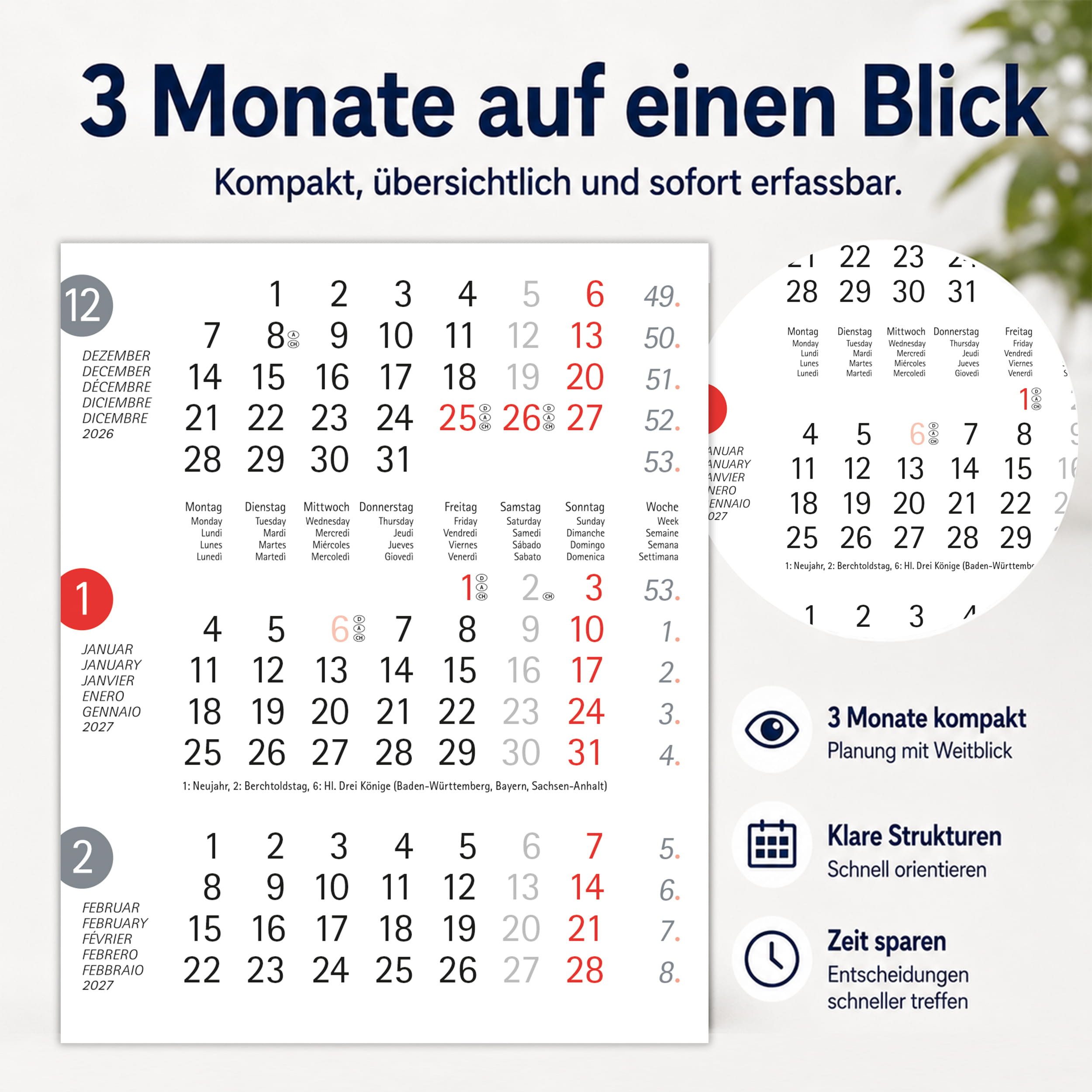 TOBJA Tischkalender Ersatz-Kalendarium 2027 magnetisch für Tischkalender (Dots), Ersatzblock, ohne Aufsteller, 3 Monate, magnetisch, Feiertage