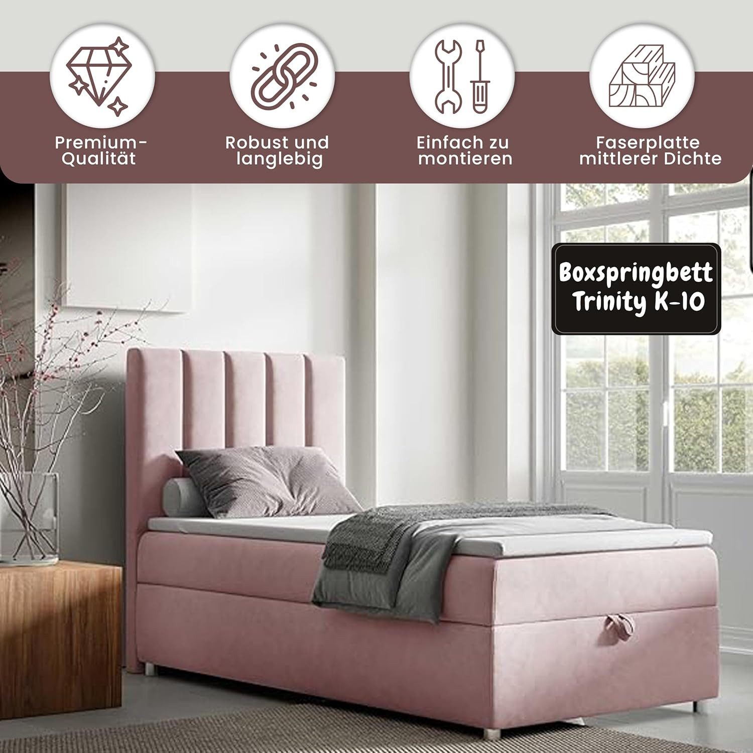 Best for Home Boxspringbett Trinity K10 SINGLE mit Bettkasten & Bonellfederkern, Komfort Topper H3 (Einzelbett, Polsterbett gepolstertes Kopfteil, Jugendbett, Kinderbett versch. Größen, 70x200 80x200 90x200 100x200 cm), mit oder ohne Topper, Flexible Liefermöglichkeiten, Handwerksqualität