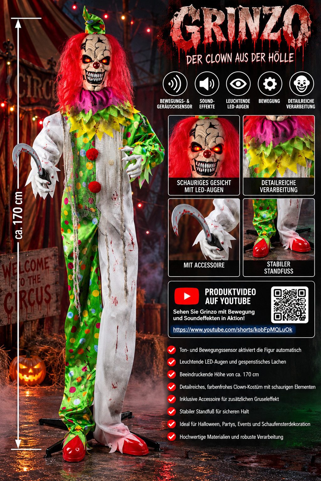 Mel-O-Design LED-Dekofigur Grinzo Horror Clown Figur 170cm Mit LED Augen Sound Bewegung Halloween – Bild 3 von 3
