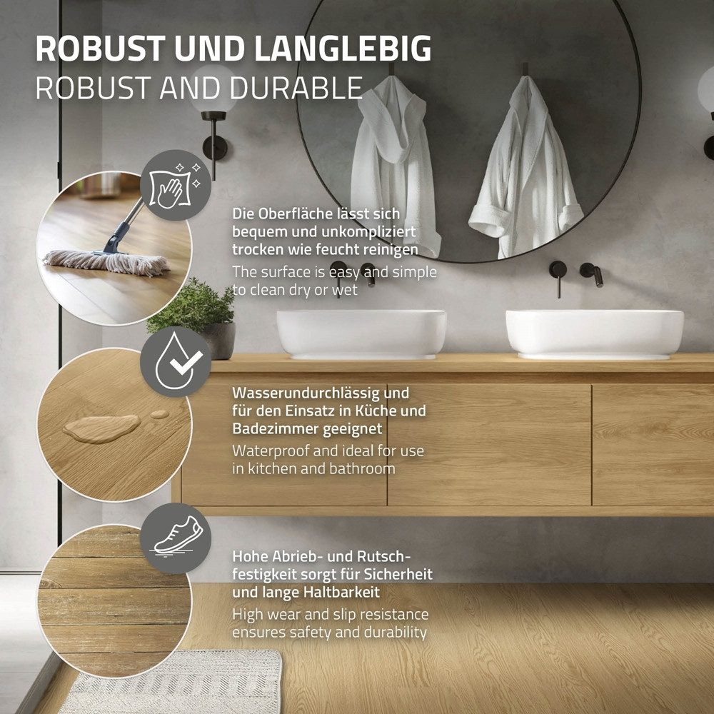 ML-DESIGN Vinylboden PVC Bodenbelag selbstklebend Klebefliesen Boden in Holzoptik 2mm Dicke, Bodenfliesen Klebevinyl wasserdicht 8,92m² / 64 Dielen Eiche Dekor – Bild 4 von 5