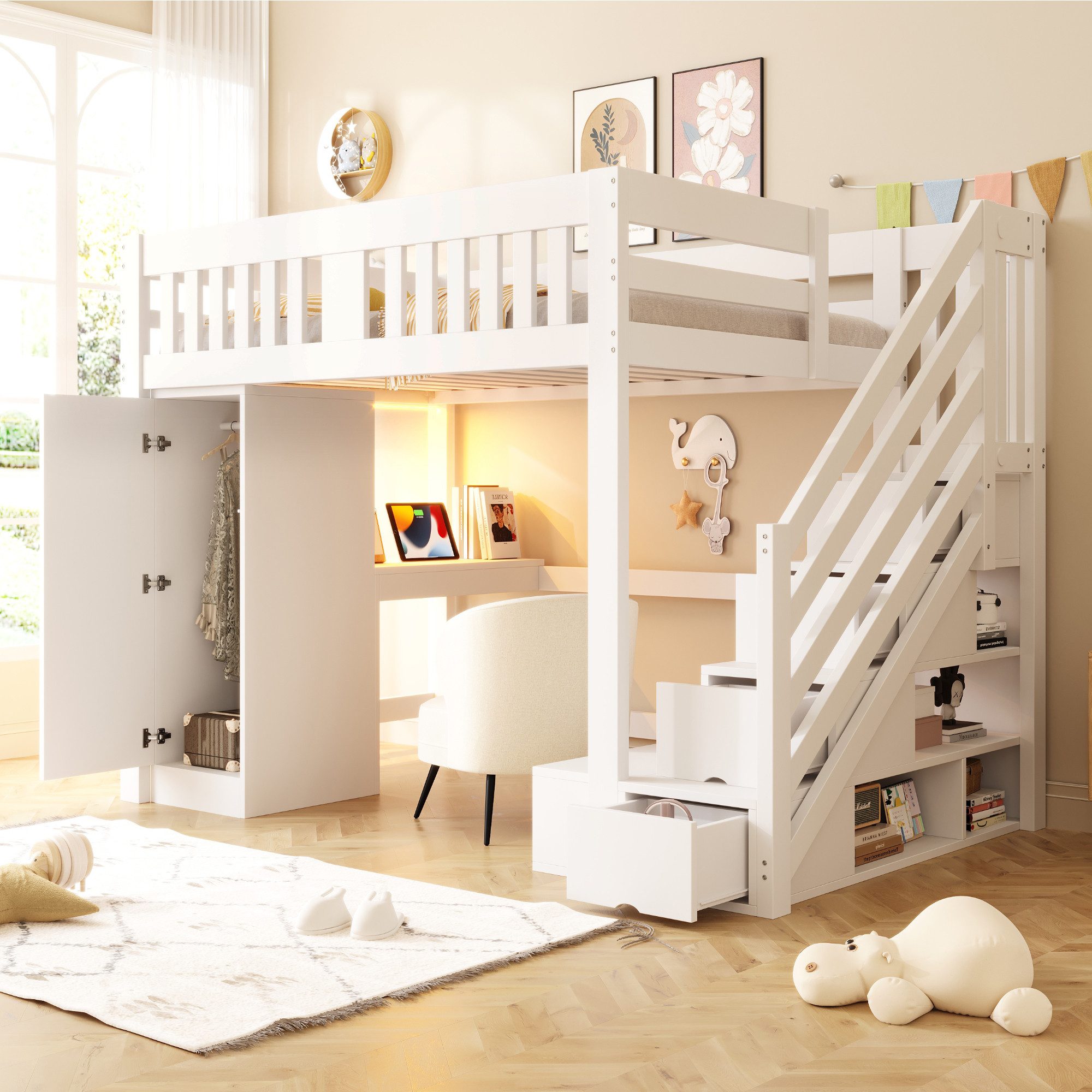 Celya Hochbett Holzbett, Jugendbett, 140 × 200 cm (ohne Matratze, Mit Stauraum, Schreibtisch Mit Euro-Steckdose, mit mehrfarbige LED-Lichtleiste, Einzelkleiderschrank, Hohes Geländer) ideal für Jugendzimmer oder kleine Räume