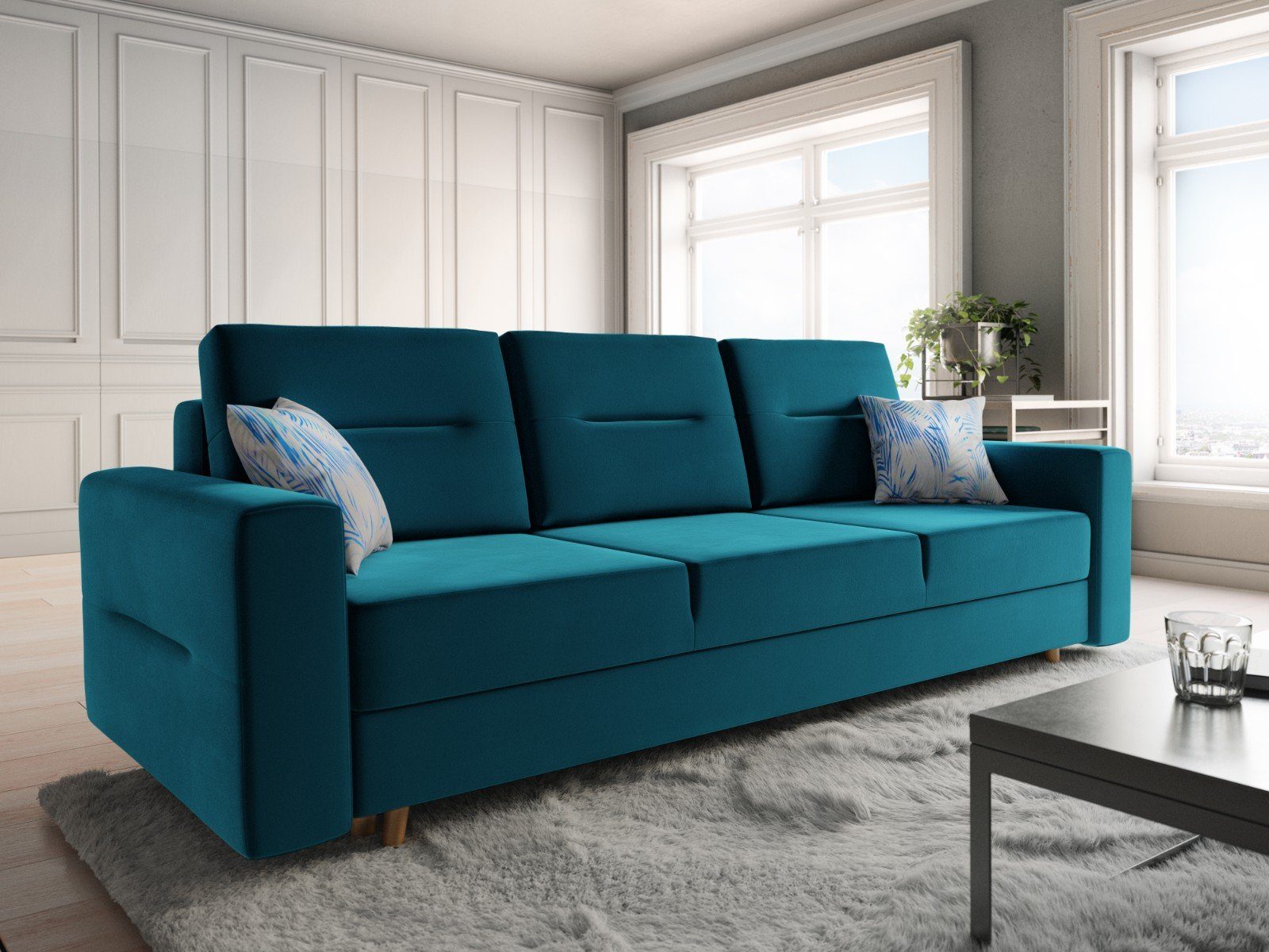 Sofa COUCH mit und Schlaffunktion Seeblau pressiode 234cm Bettkasten Schlafsofa, BERGEN