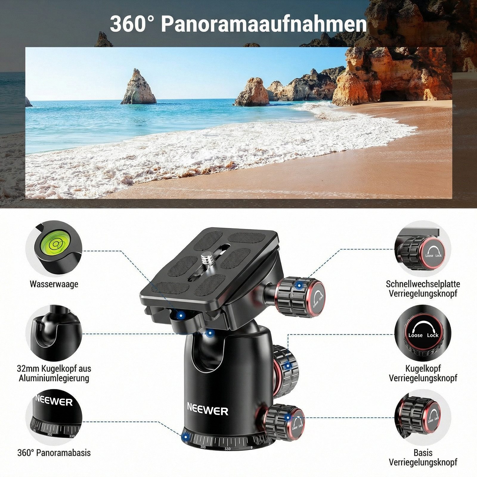Neewer 90 Zoll hohes horizontales Kamerastativ Einbeinstativ mit Kugelkopf Dreibeinstativ (Metall DSLR Video Reisestativ Arca Typ platte, maximale Belastung 10kg)