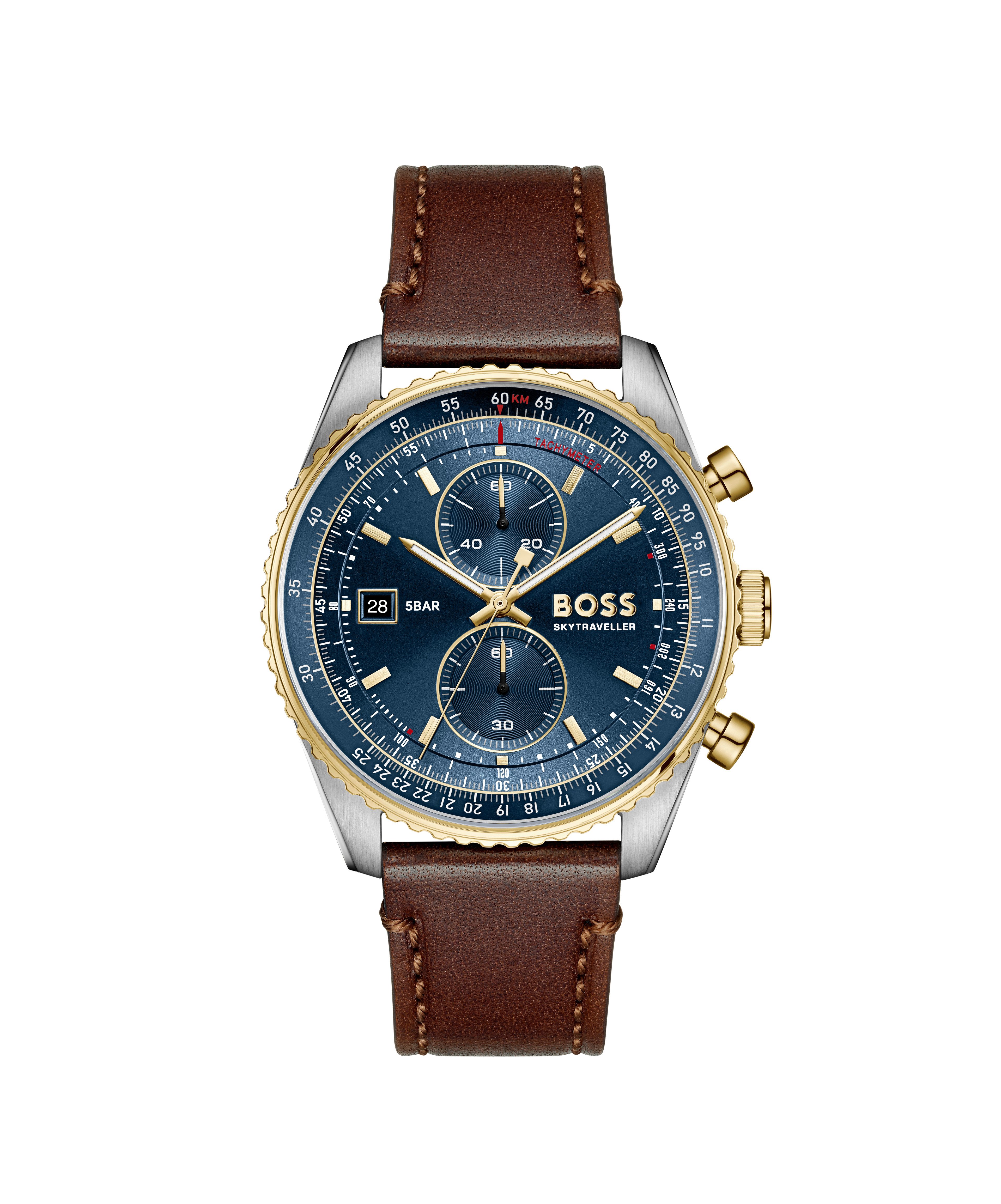 BOSS Chronograph SKYTRAVELLER 1514346, Quarzuhr, Armbanduhr, Herrenuhr, Lederarmband, analog, Tag