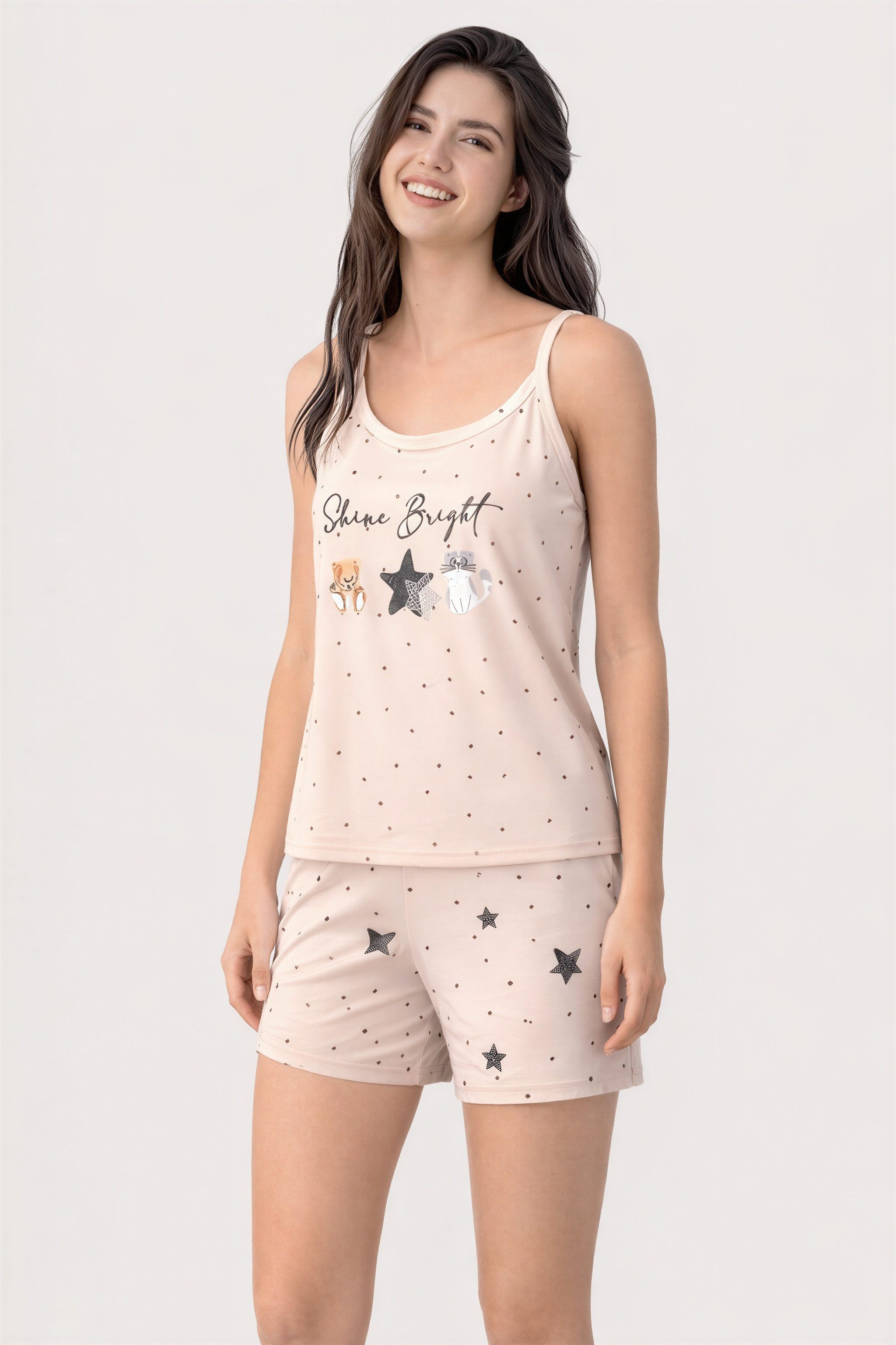 fashionshowcase Pyjama Damen Schlafanzug mit Shorts & Top, weicher Baumwoll-Mix Print-Design (2 tlg., 2-teiliges Set) Luftiges & leichtes Design, verspielter Print, ideal für warme Nächte