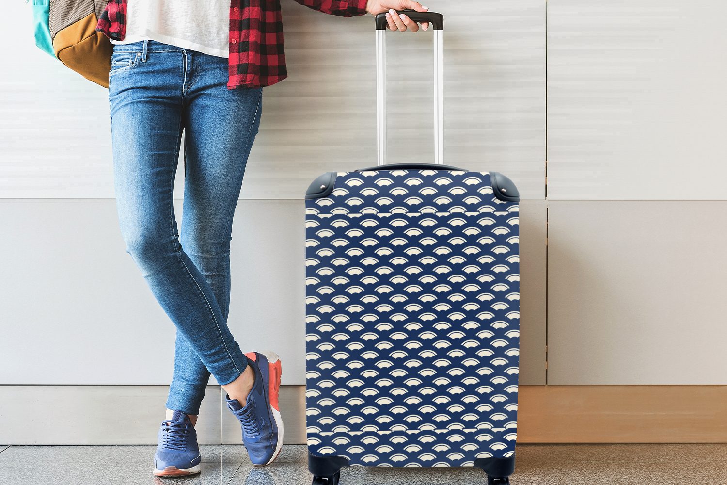 4 Ferien, Handgepäckkoffer Japanisch Reisetasche MuchoWow Blau Weiß mit - Trolley, - Rollen, Muster, für - Handgepäck Reisekoffer rollen,
