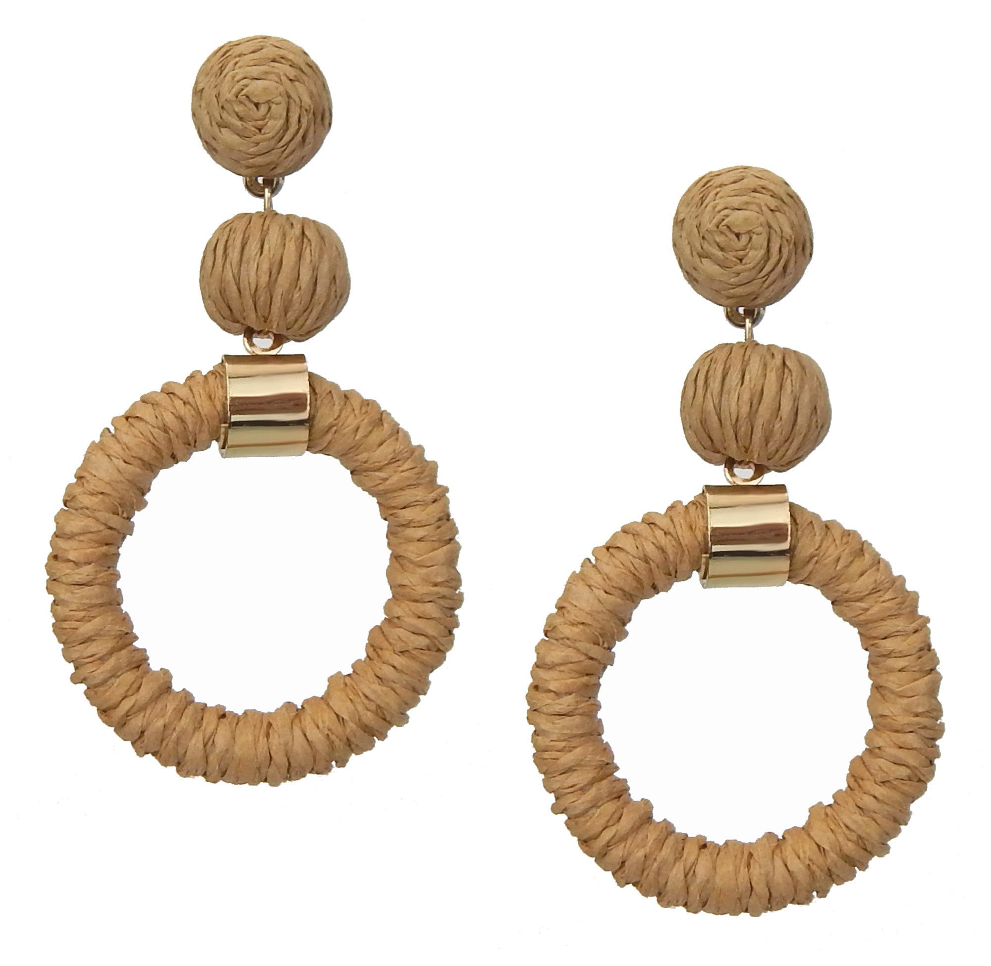 Ella Jonte Paar Ohrstecker, lange Damen Bast-Ohrringe im Boho-Style Beige Gold