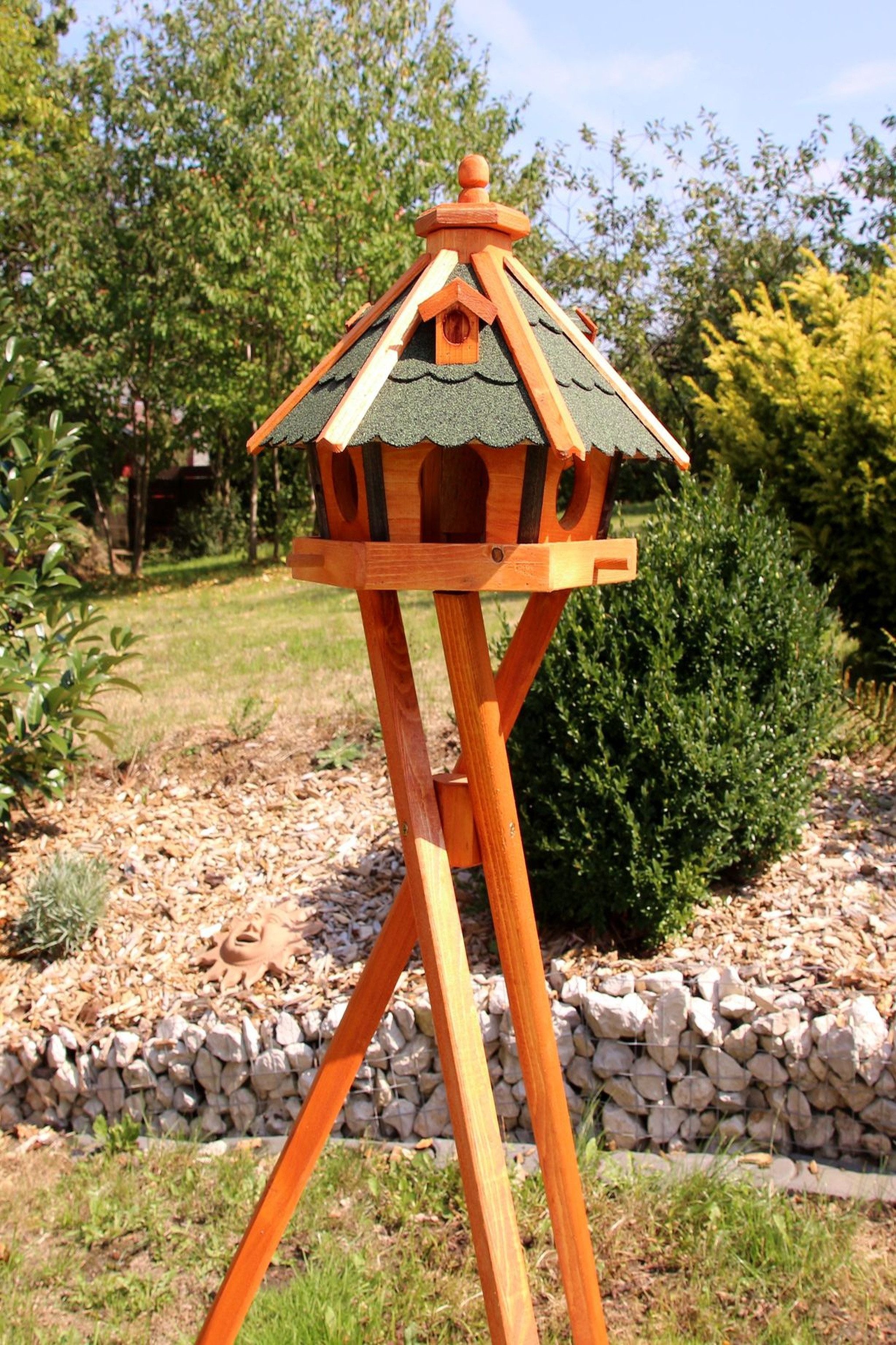 Holzdekoladen Vogelhaus Vogelhaus Holz wetterfest mit Futterautomat – mit/ohne Ständer/Solar