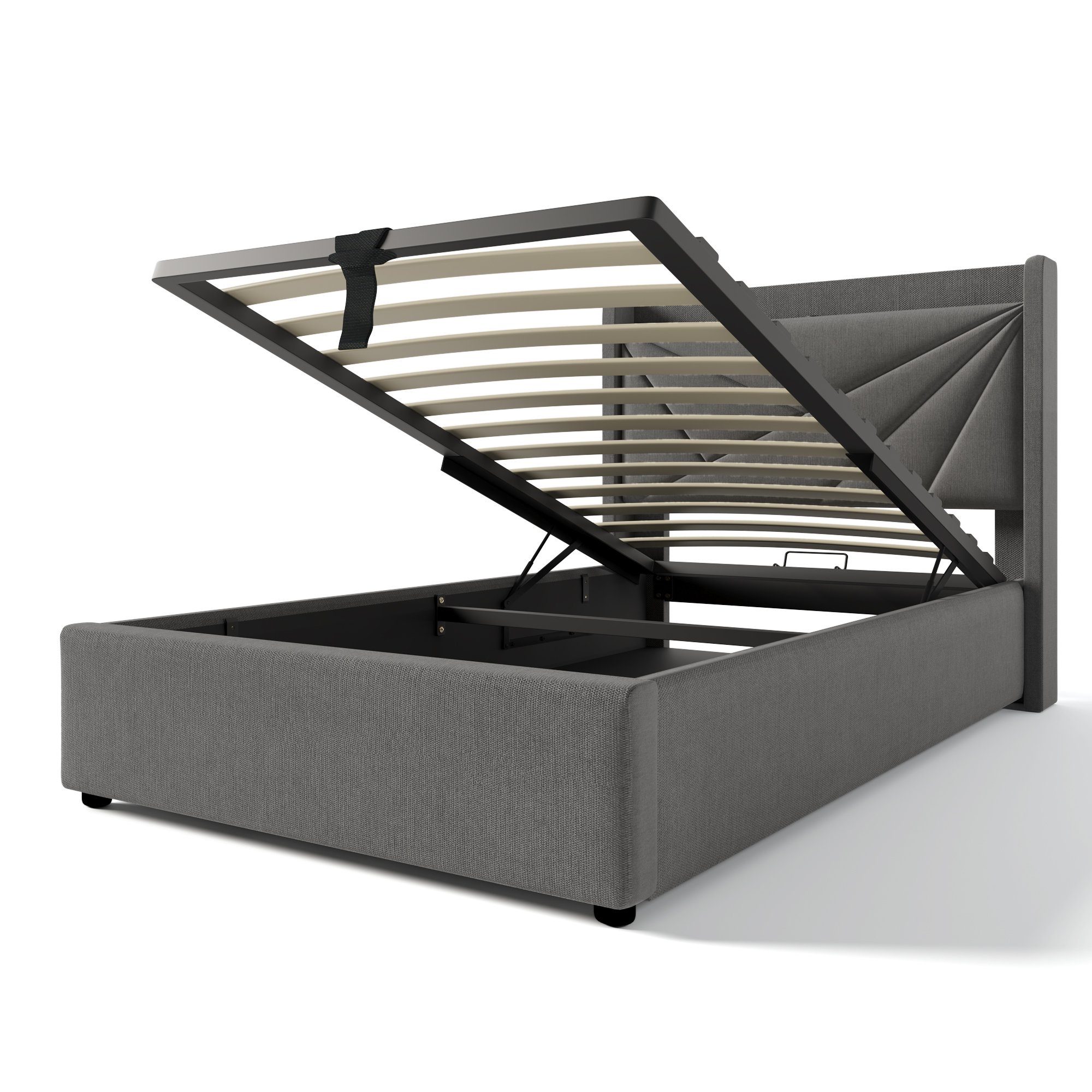 Polsterbett (Funktionsbett mit Lattenrost und Matratze), Stauraumbett 90x200cm mit USB Typ C Ladefunktion Kopfteil, Leinen
