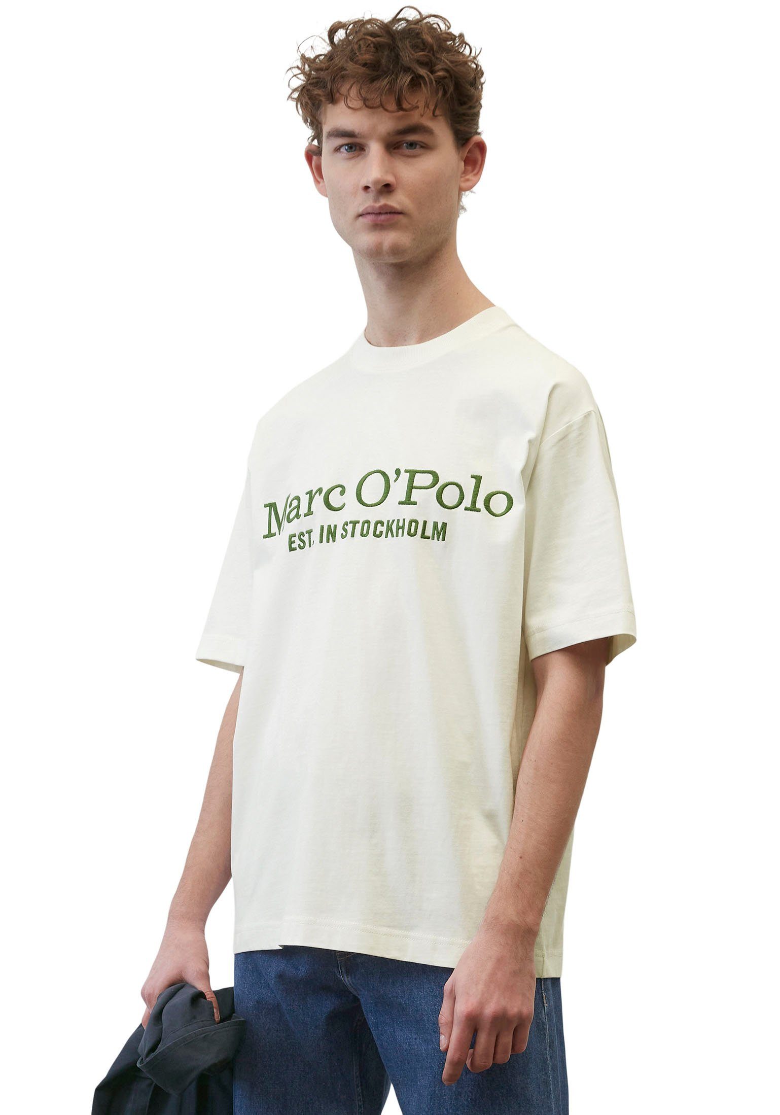 Marc O'Polo T-Shirt mit großer Label-Stickerei vorne weiß