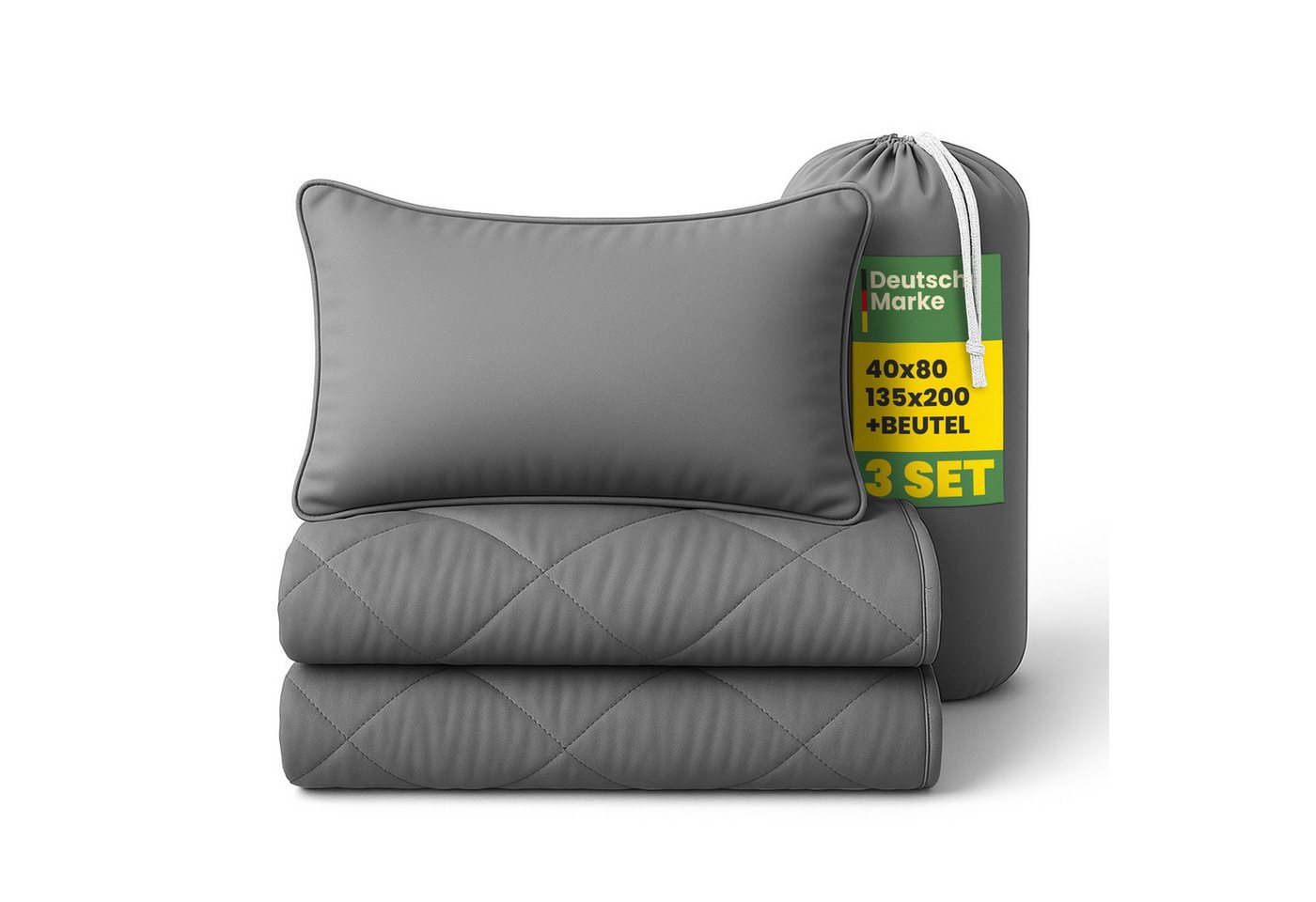 Bestlivings Steppbett + Kopfkissen inkl. Beutel für Reisen/Camping, Füllung: Polyester, Decke 135x200, Kissen 40x80, ohne Bettwäsche nutzbar, 60°C waschbar