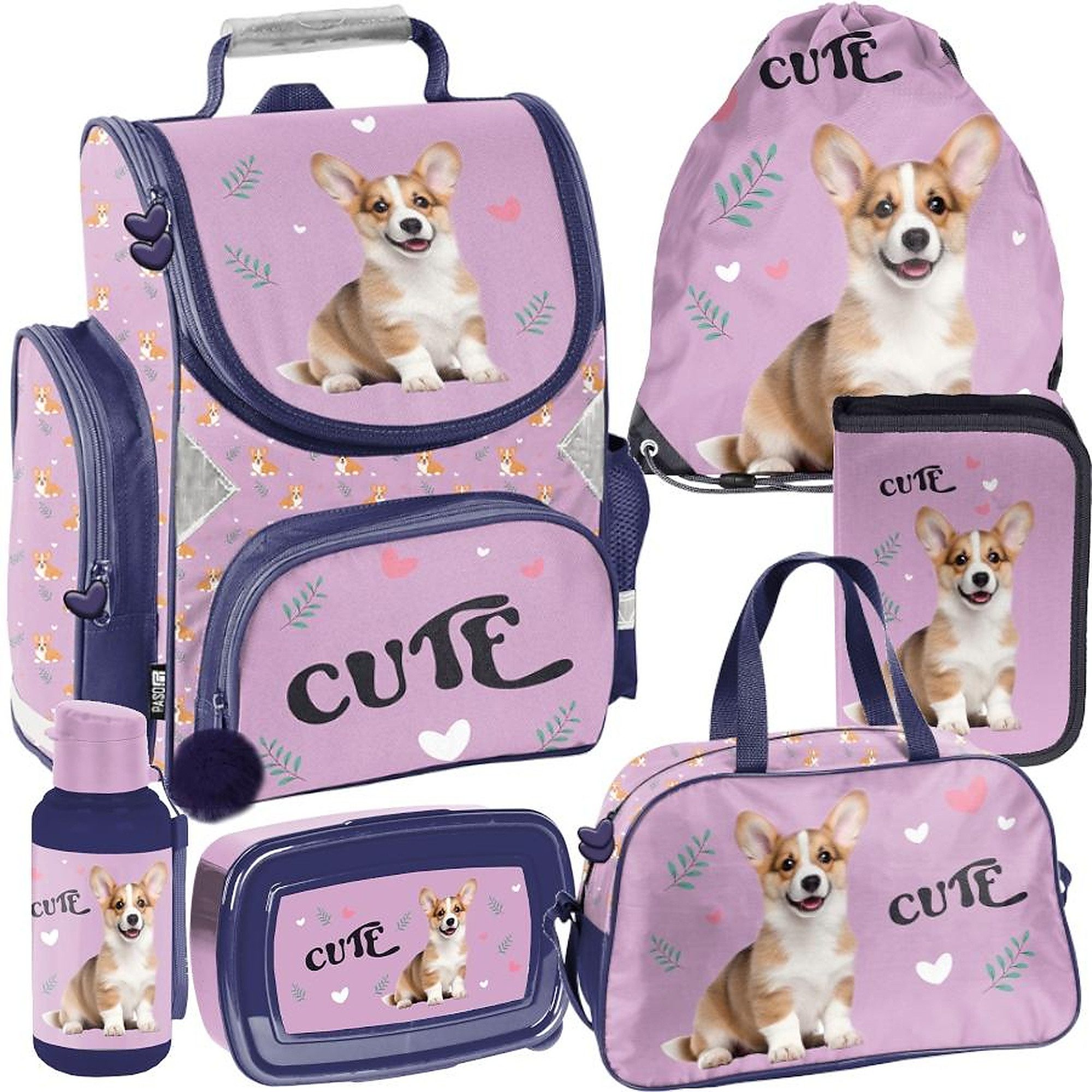 PASO Schulrucksack Mega-Set Corgi Cute Hund Schulset 6-tlg. (Rucksack + Turnbeutel + Federmäppchen + Lunchbox + Trinkflasche + Sporttasche, 6-tlg)