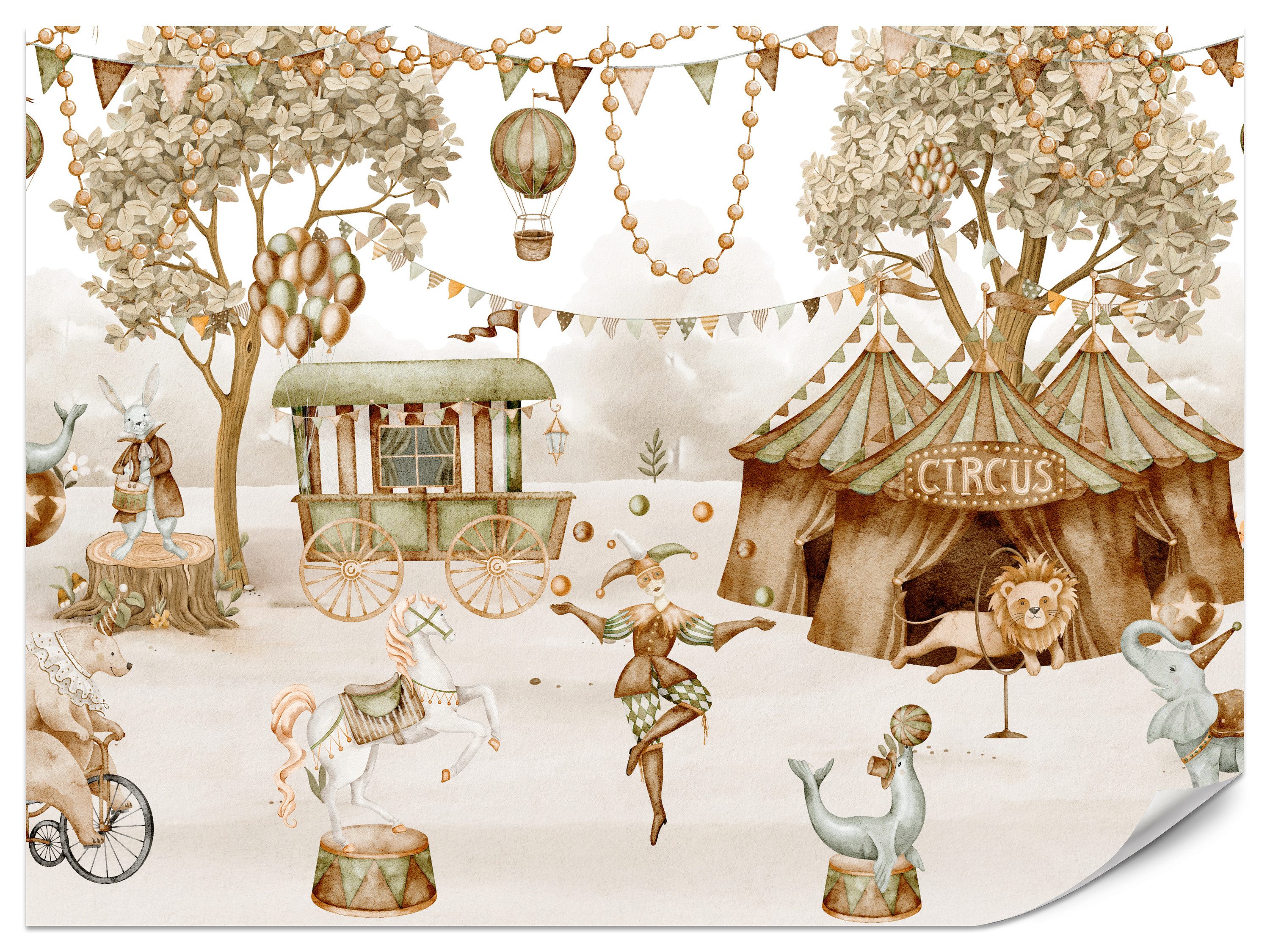 Muralo Fototapete Vliestapete - Zirkuszelt, Zirkustiere, Luftballons, Vintage-Stil, Glatt, Grafisch, (Packung, 1 St., 100x70 cm), Kleber im Set, 3D-Optik, Kinderzimmer, Babyzimmer