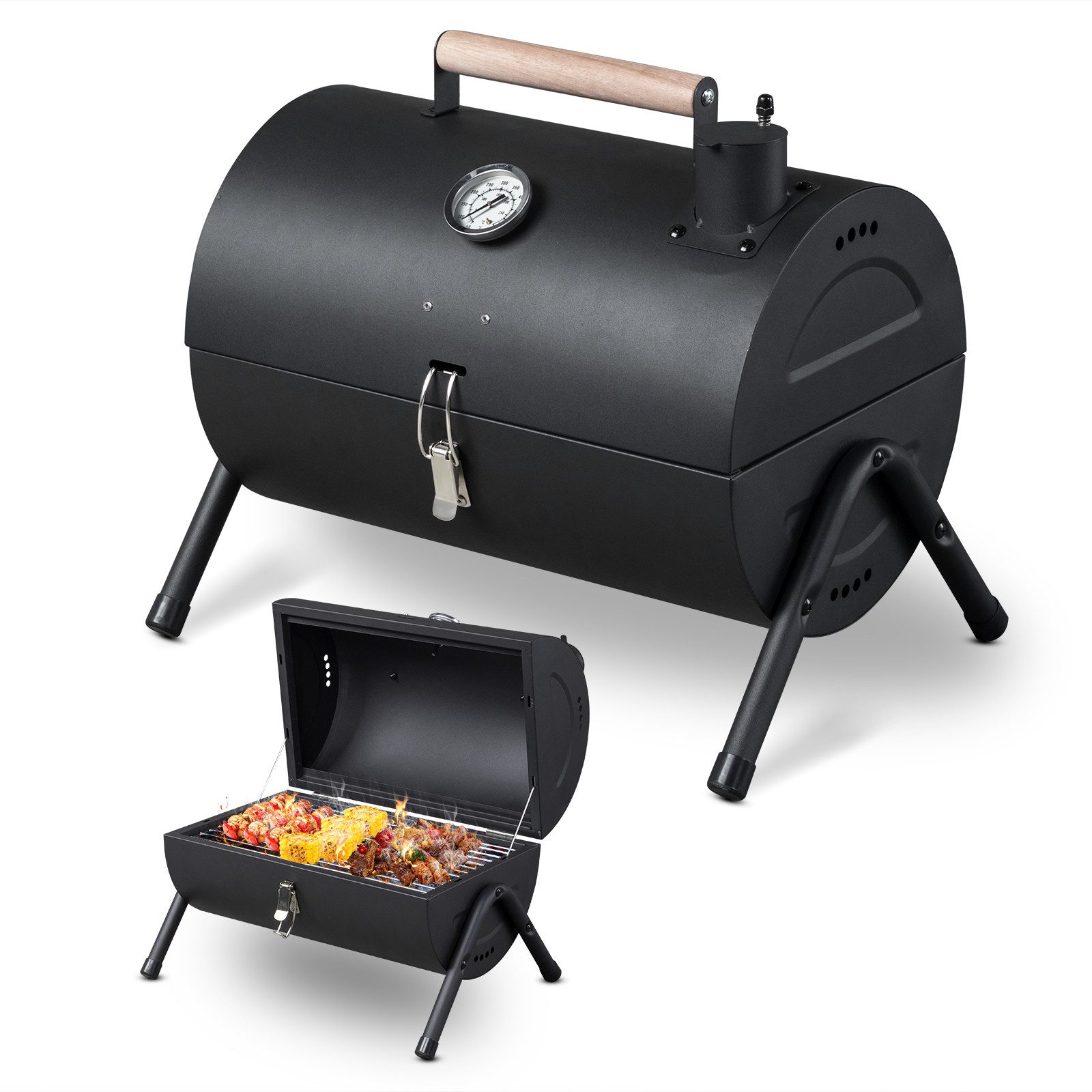 LALAHO Holzkohlegrill Tragbarer mit Deckel, Temperaturregelung, Tischgrill Klappgrill für Camping, Garten, 38x30.5x38cm