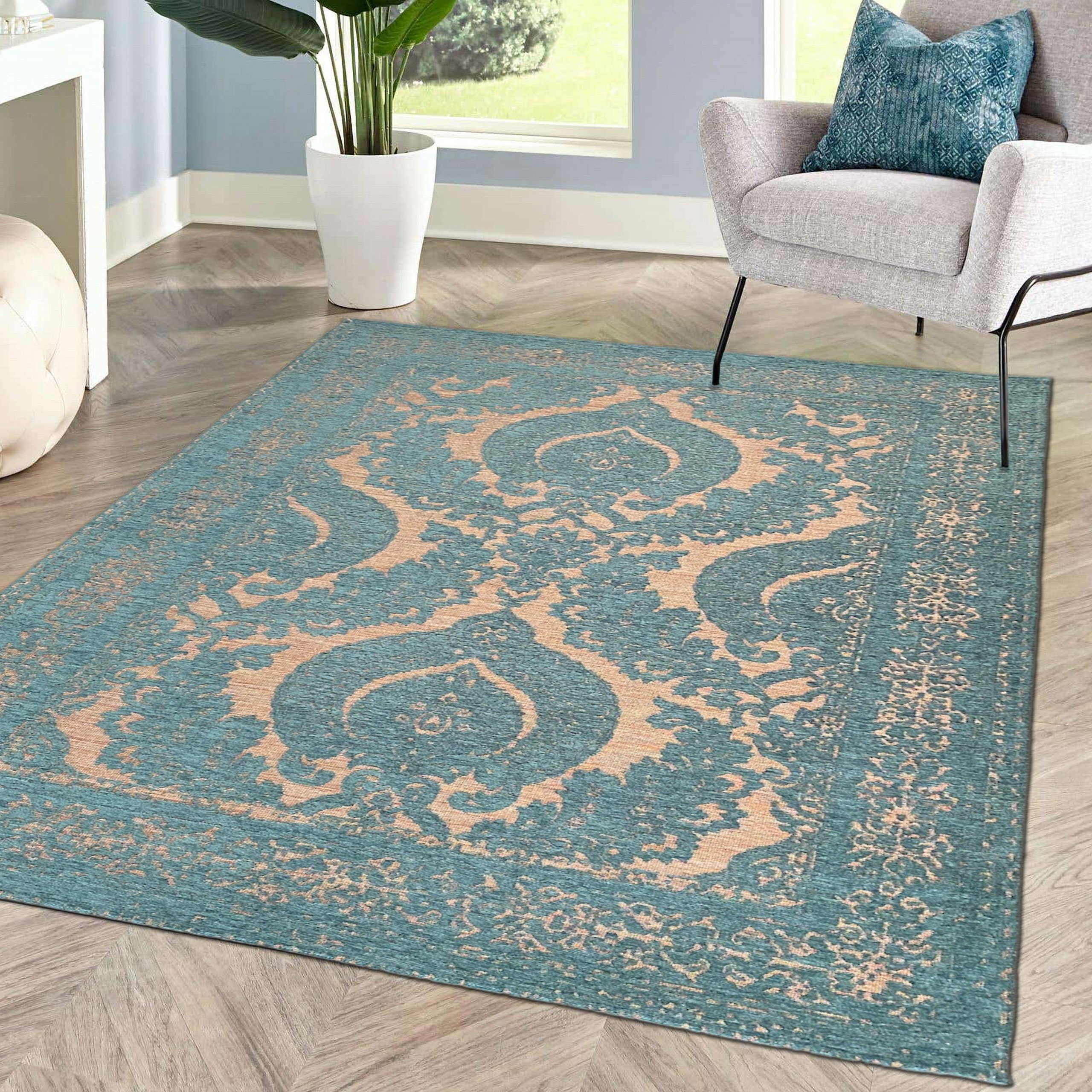 Carpetia Teppich Teppich Wohnzimmer, orientalisch, petrol gold, rechteckig, Höhe: 9 mm