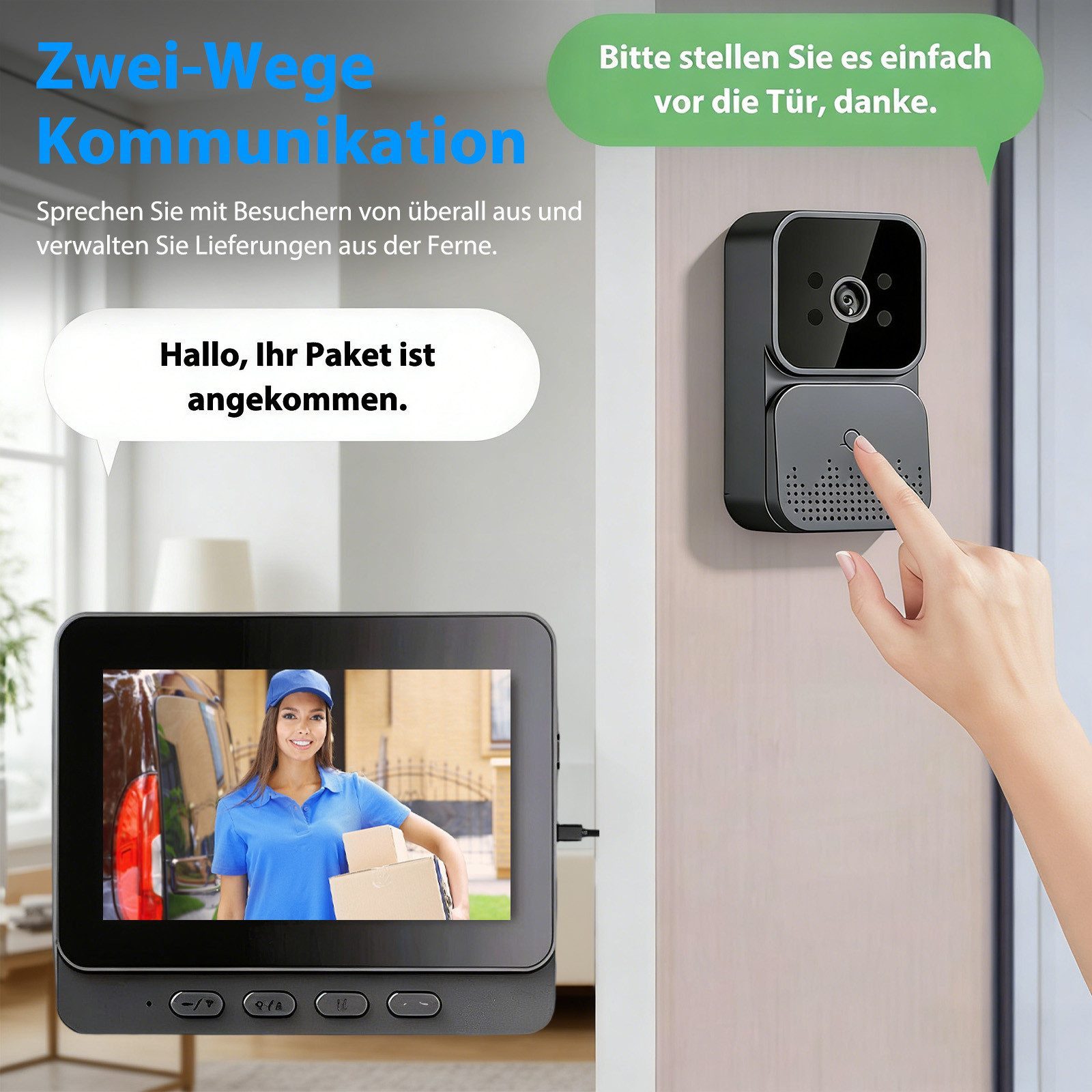 TWUFY Video-Türsprechanlage Drahtlose Video Türklingel mit Kamera Outdoor 4,3 Zoll IPS Bildschirm (Außenbereich, kabellos, mit Monitor, Video Gegensprechanlage, 1-tlg., Türklingel Funk 170° HD Kamera Gegensprechanlage, Infrarot Nachtsicht Zwei-Wege-Audio)