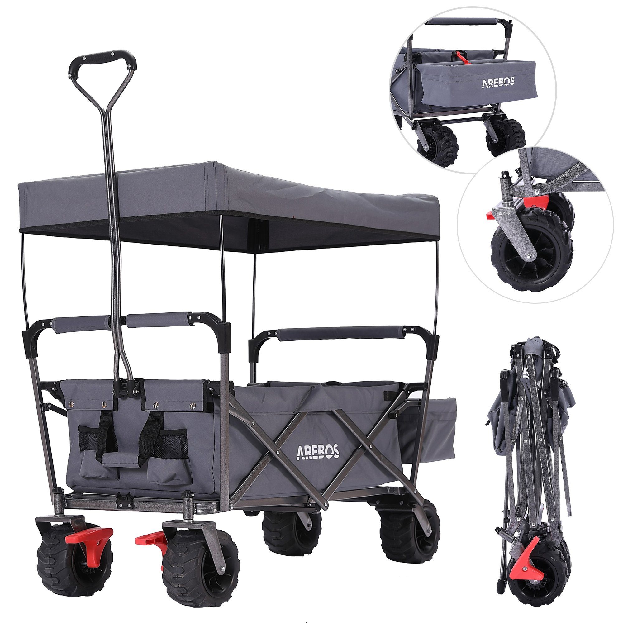 Arebos Bollerwagen faltbarer Handwagen mit Dach – Transportkarre für Garten & Freizeit, Maße 124 x 60 x 128 cm – Bild 2 von 5