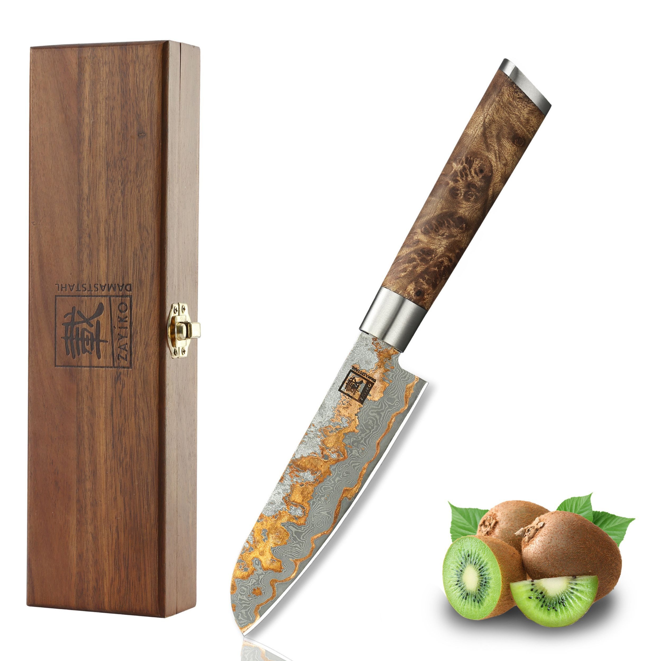 ZAYIKO Santokumesser MysticMagma Küchenmesser 12,5cm Kupfer-Bronze-Damastklinge, Damaststahl, Kupfer-Bronze-Einlage