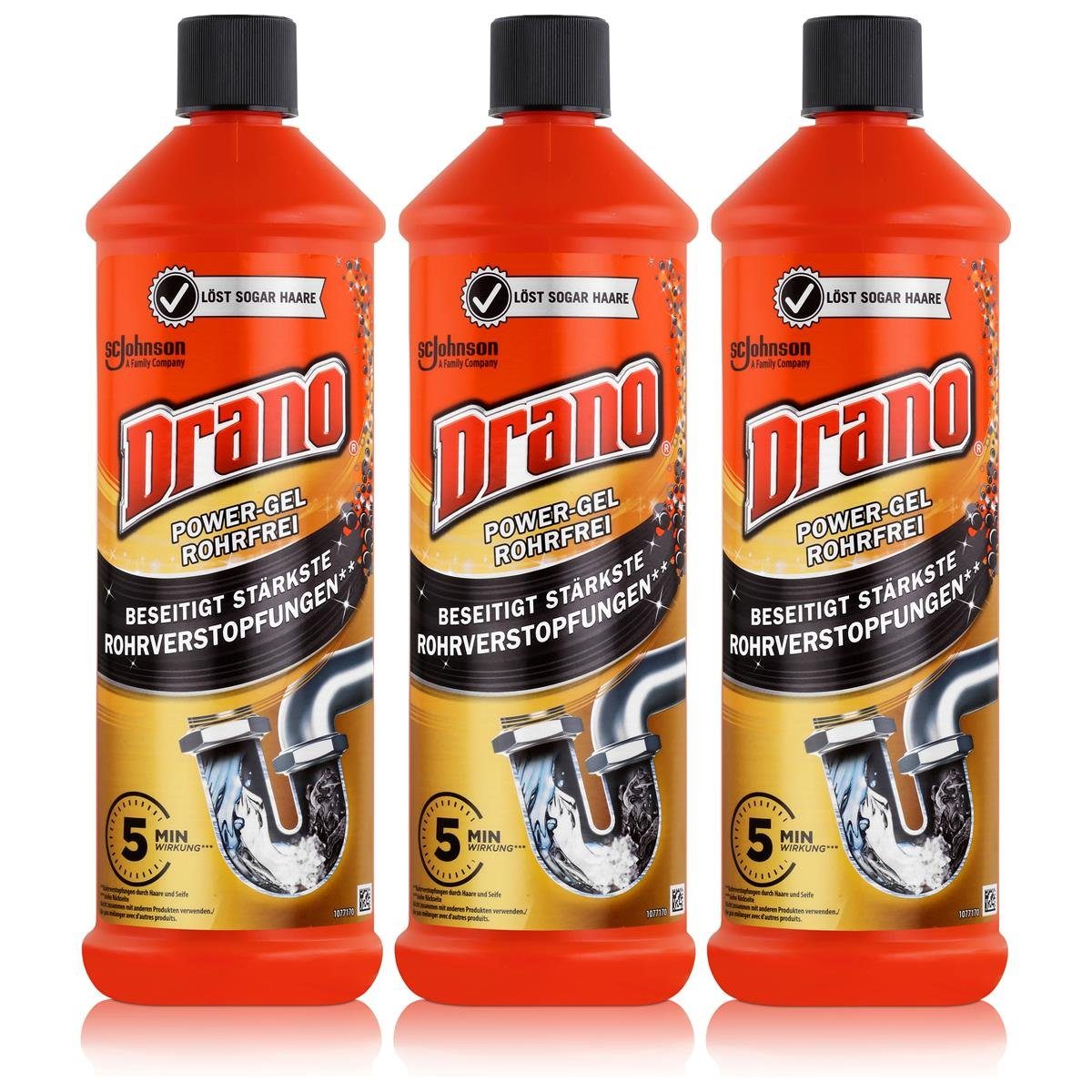 Mr Muscle Drano Power-Gel Rohrfrei 1 Liter - Löst sogar Haare (3er Pack) Rohrreiniger