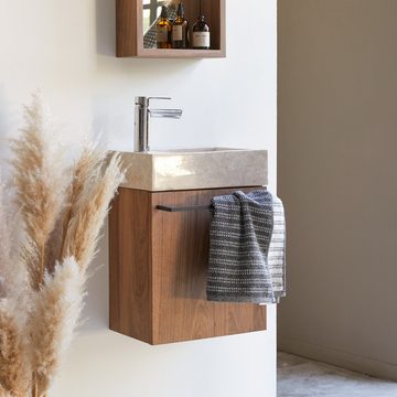 Tikamoon Waschtisch Stelle Handwaschbecken aus massivem Nussbaum und cremefarbenem Marmor