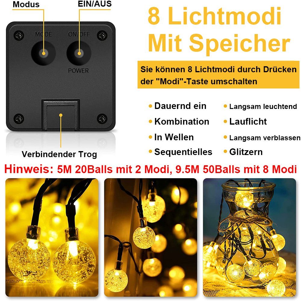 MUPOO LED-Lichterkette LED-Solarleuchten 5M Farben,für 2/8 Dekor 9.5M 50LEDs Modi, Wasserdicht,3 Außen-lichterkette Party Patio Festliche Weiß Garten Warmes 20LEDs