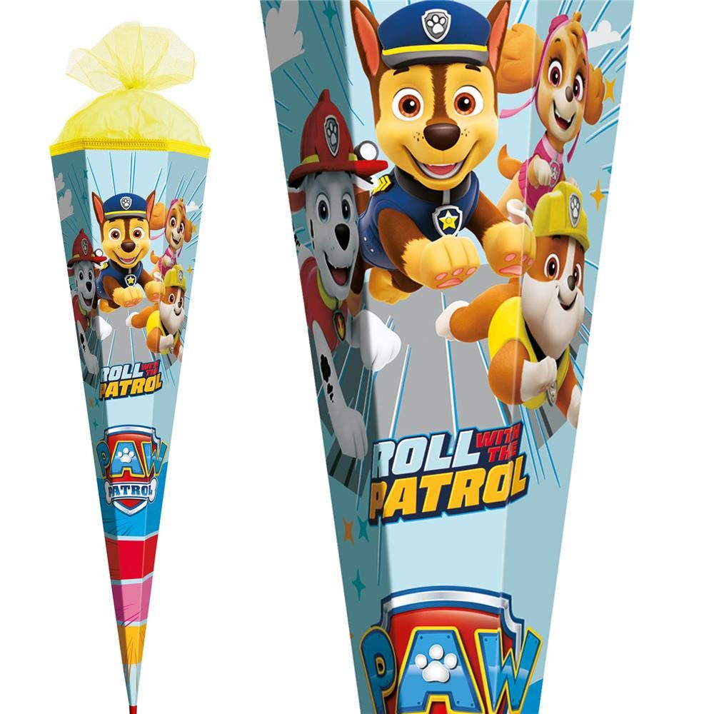 Roth Schultüte Paw Patrol, 85cm, eckig, mit Rot(h)-Spitze und gelbem Tüllverschluss, Hundeabenteuer, gelber Tüll, ROT(H)-Spitze, eckige Form, Schulstart