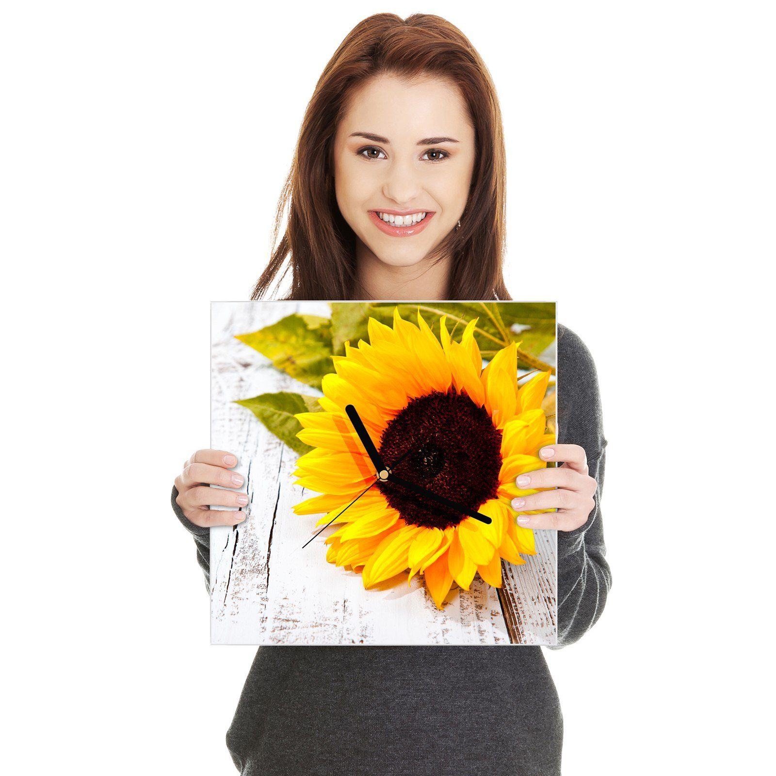 auf Motiv mit Holztisch Sonnenblume Glasuhr 30 Wandkunst cm Größe Wanduhr Wanduhr 30 x Primedeco
