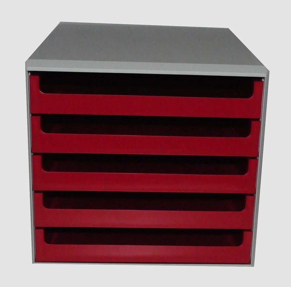 M&M Schubladenbox 1 Schubladenbox mit 5 offene Schubfächer 28,5x26x35,7cm lichtgrau/rot, Auszugssperre; Stapelbar; Schübe einzeln herausnehmbar | Schubladenboxen