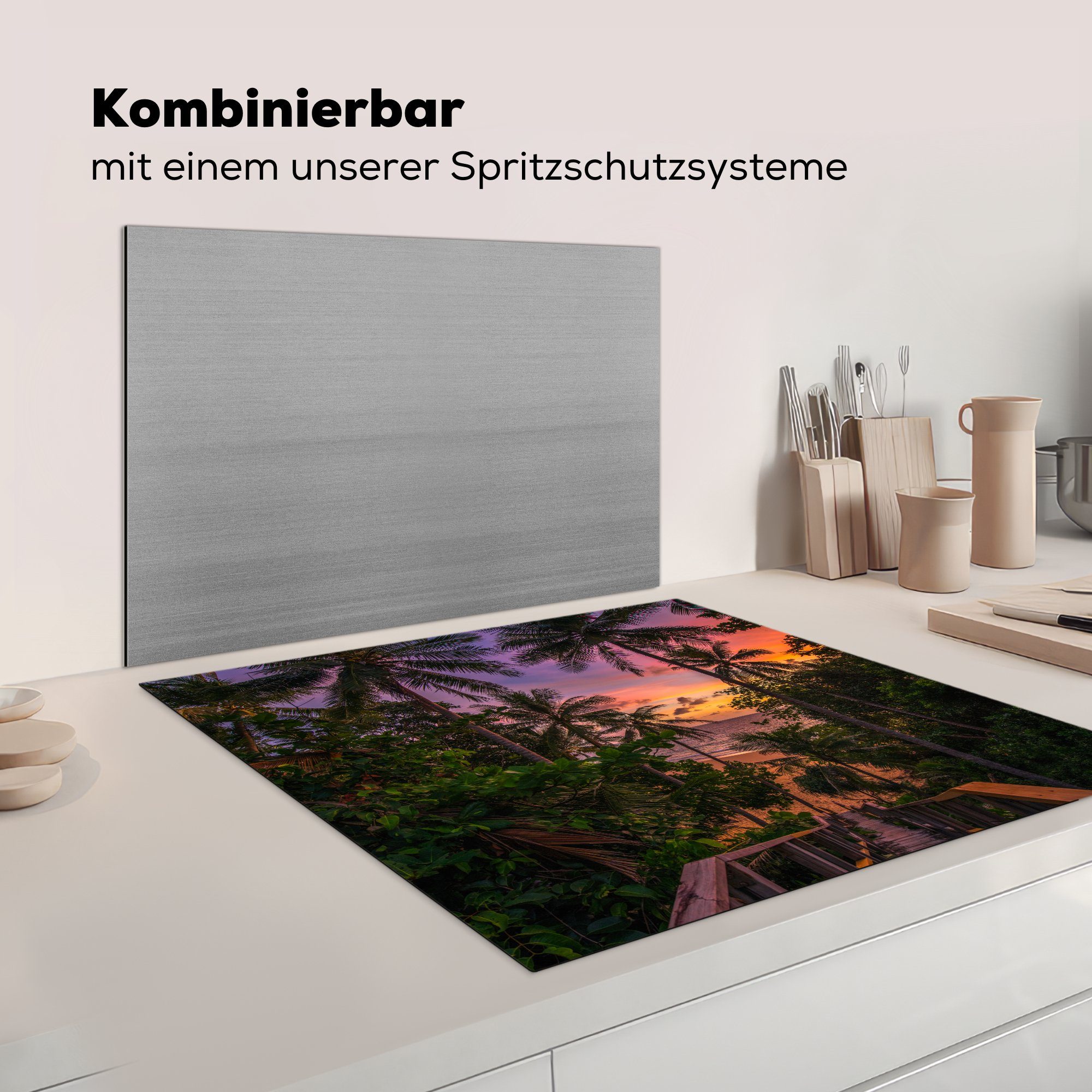 - Ceranfeldabdeckung, - küche 78x78 cm, Arbeitsplatte MuchoWow (1 Vinyl, Herdblende-/Abdeckplatte Strand, Sonnenuntergang für tlg), Palmen