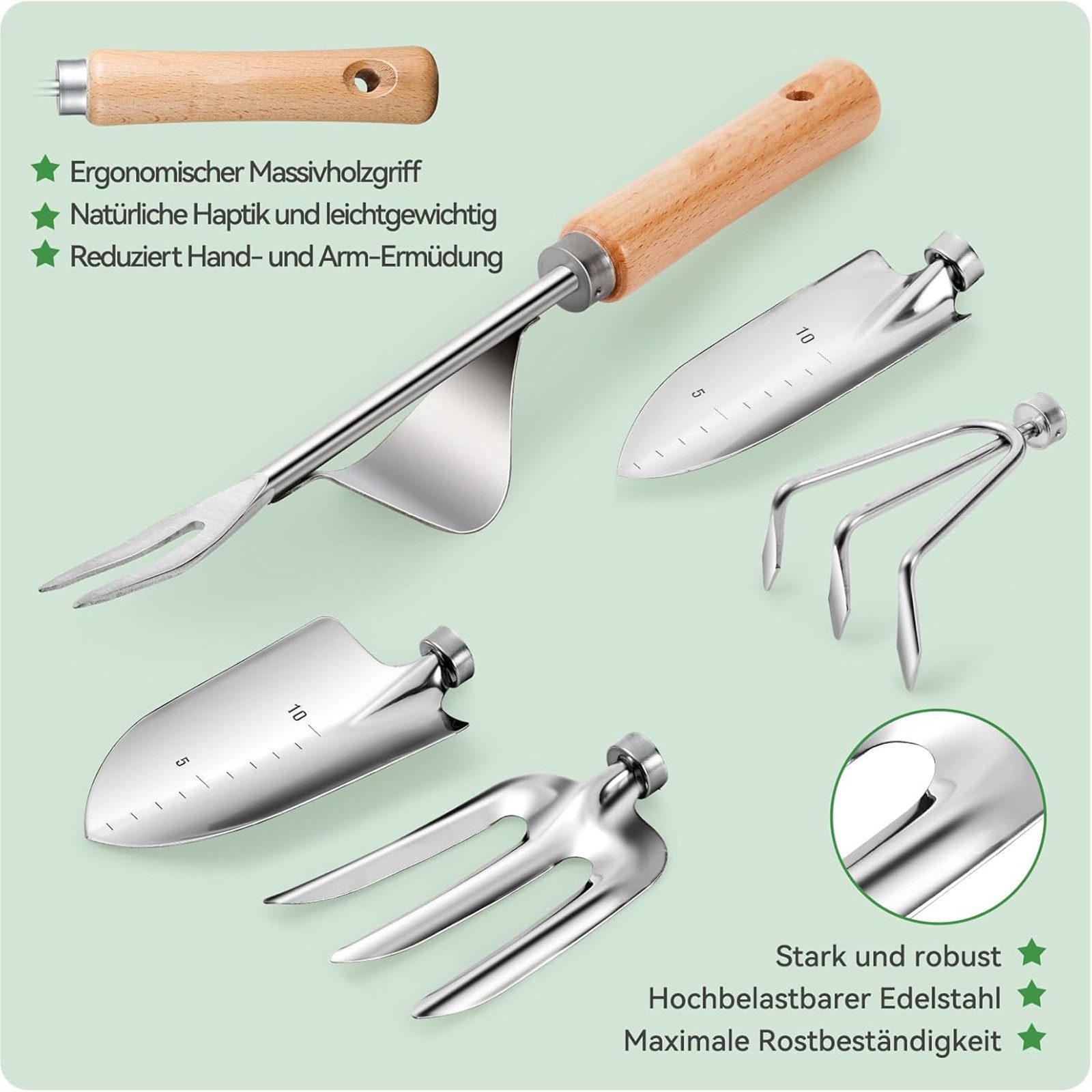 SURFOU Gartenpflege-Set 9tlg. Buchenholz Edelstahl Gartenwerkzeug Set mit Gießkanne, Mit Kelle, Rechen, Schaufel, Gartenschere, Tasche & Rutschgriffen. – Bild 4 von 5