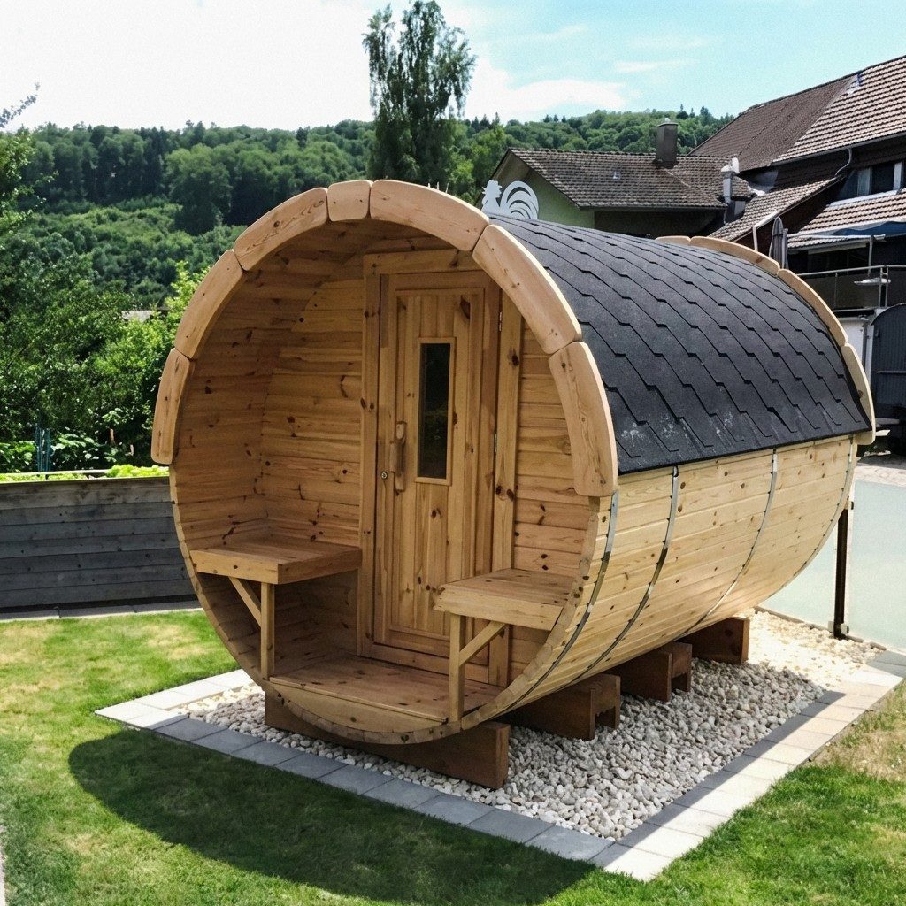 JVmoebel Fasssauna Holzfassauna Naturfasssauna Outdoor-Sauna Gartensauna Edelstahl Braun, (1-St) Made in Europe