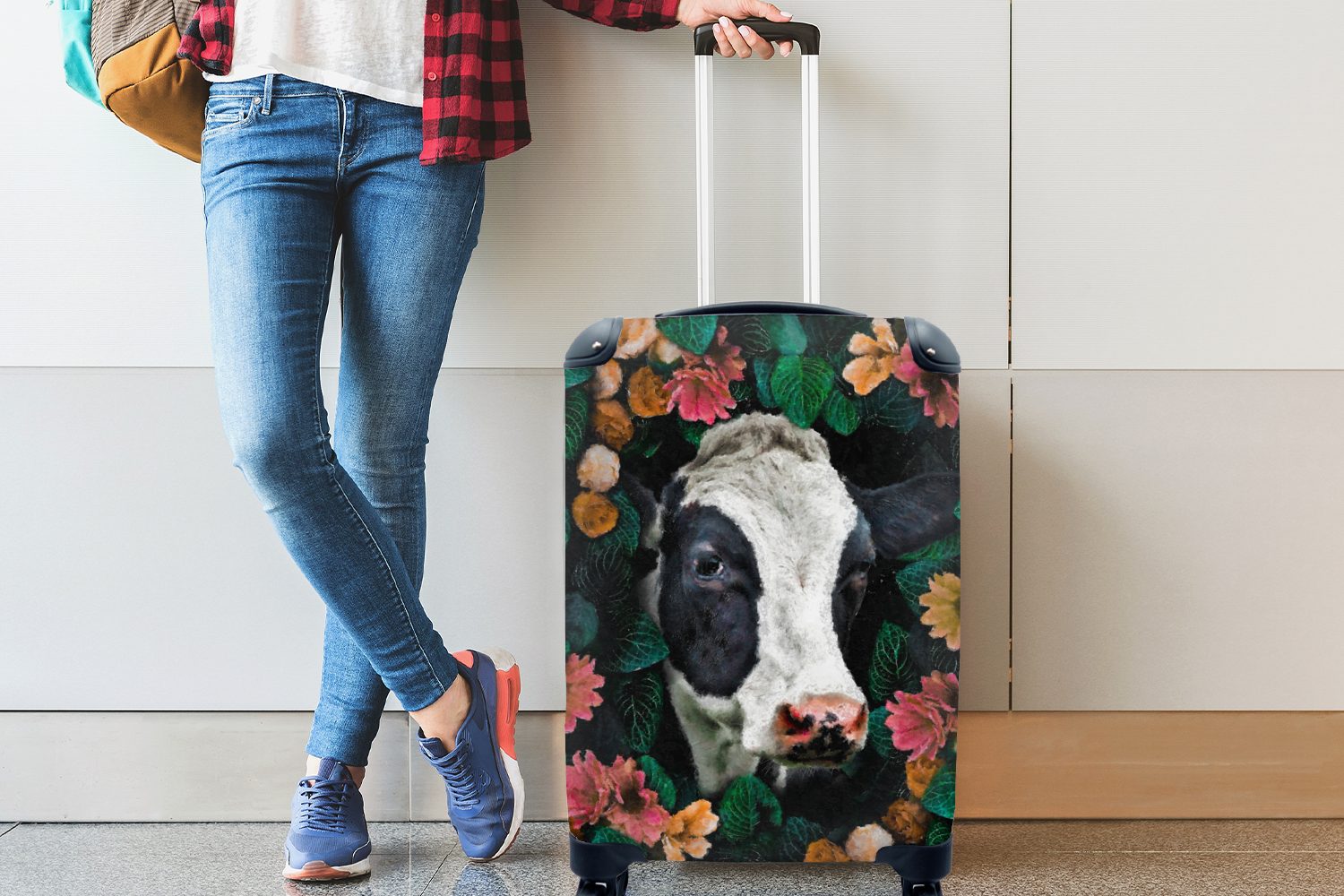 Tiere, Handgepäckkoffer Reisekoffer 4 Handgepäck für - Ferien, - rollen, mit - MuchoWow Reisetasche Blumen Trolley, Kuh Rollen, Blätter