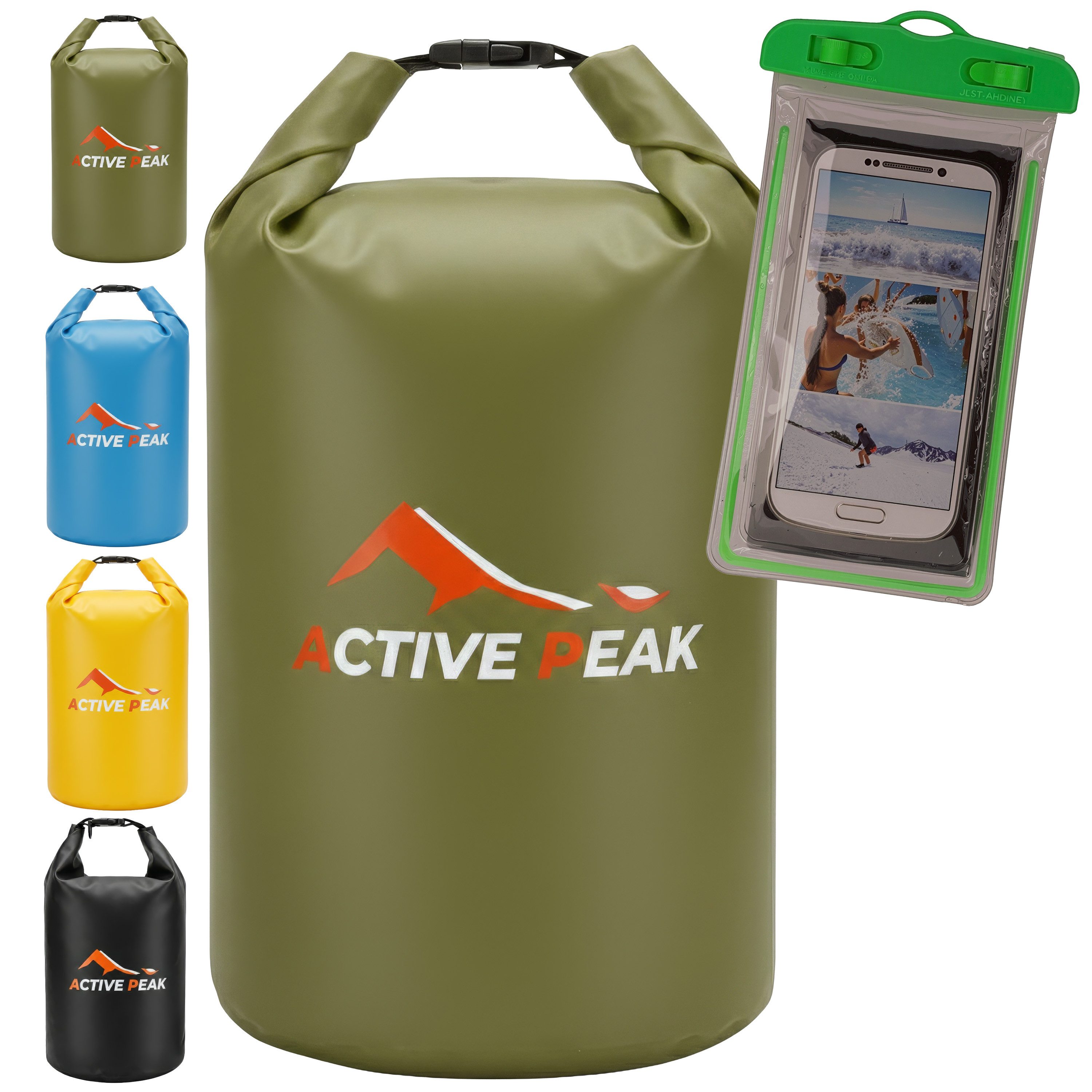 Active Peak Drybag Wasserdichte Tasche & Packsack (inkl. Wasserdichter Smartphone Hülle, 2-tlg), Waterproof Bag Seesackfür SUP, Kajak, Strand, Wassersport, Outdoor uvm