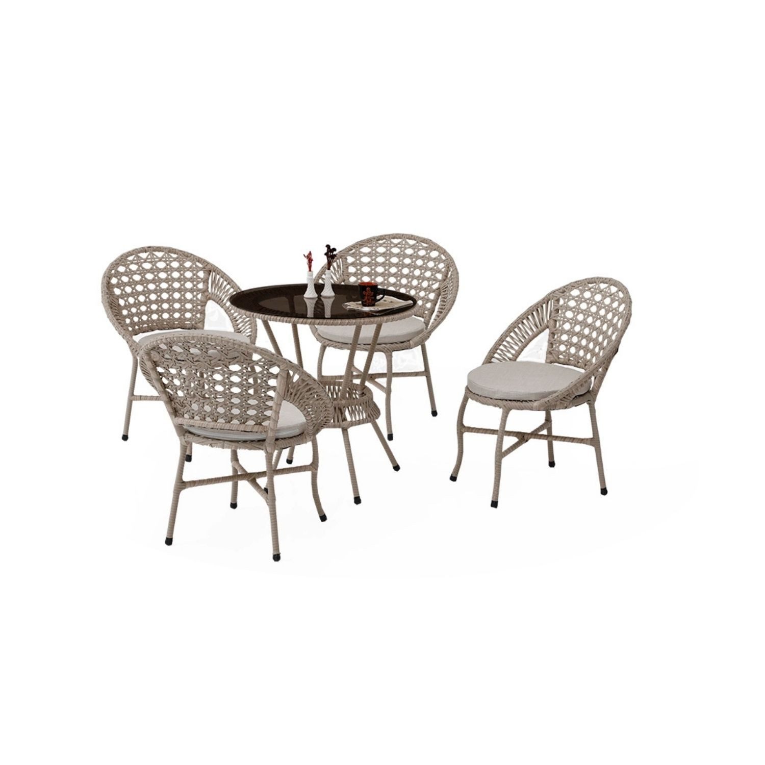 gowoll Sitzgruppe Bistro Tisch mit Stühlen Gartenmöbel Set Rattan Wetterfest, (5-tlg), Glasplatte Balkonmöbel Set, Terrassenmöbel