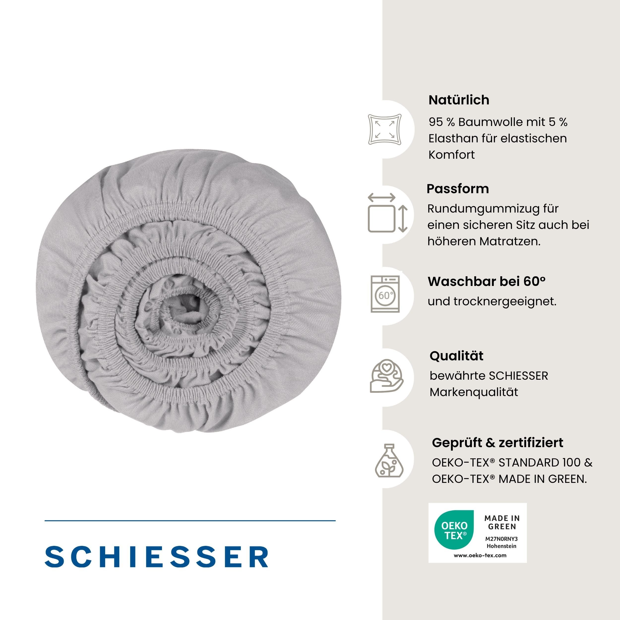 Schiesser Spannbettlaken Flexi aus 95% Baumwolle und 5% Elastahan in Premium-Qualität, Jersey-Elasthan, Gummizug: rundum, (1 Stück), für hohe Matratzen und Boxs – Bild 2 von 5