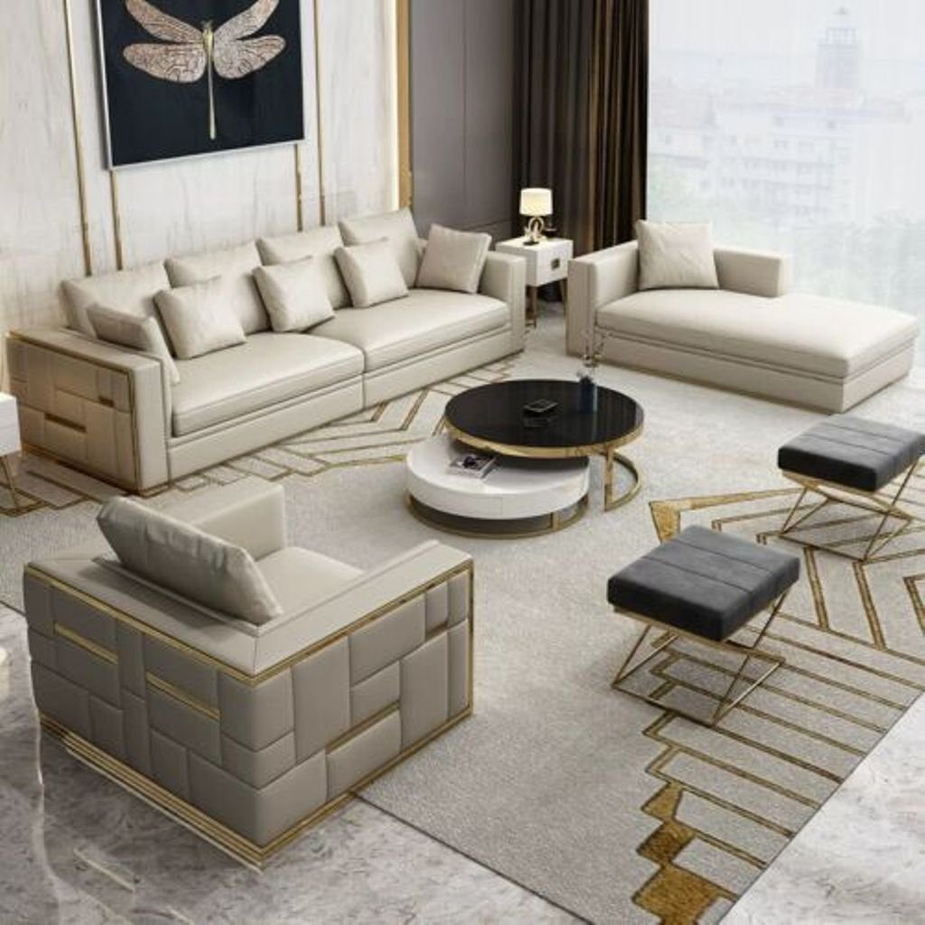 JVmoebel Wohnzimmer-Set, Metall Elemente Designer Couch Sofa Polster Sitz Garnitur Leder 4+2+1 Weiß