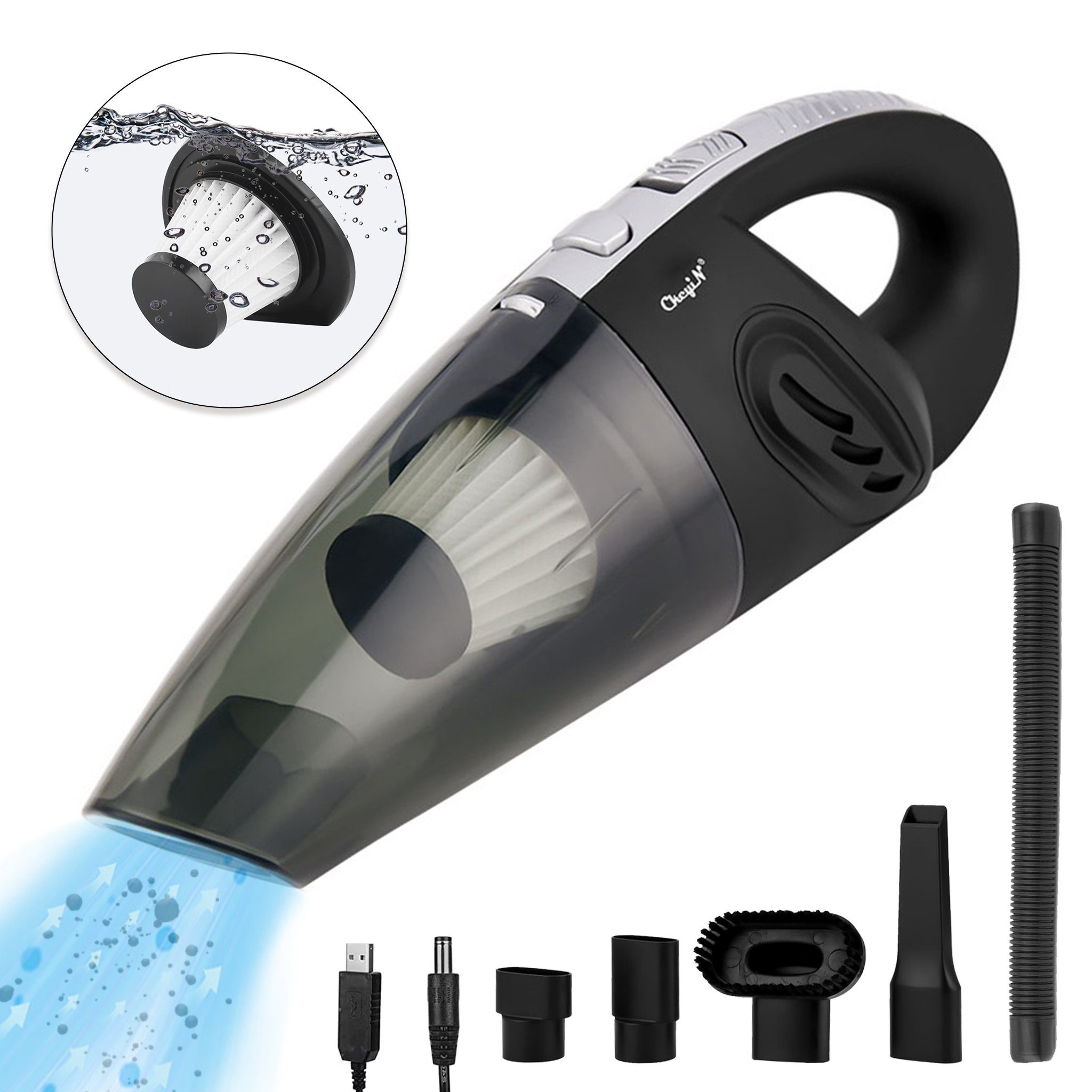 CkeyiN Akku-Handstaubsauger 3200Pa Kabelloser Nass-Trocken-Nutzung Staubsauger mit 5 Düsen, 120,00 W, mit Beutel, 20 Min. Laufzeit, kleiner Handstaubsauger für Auto/ Haus
